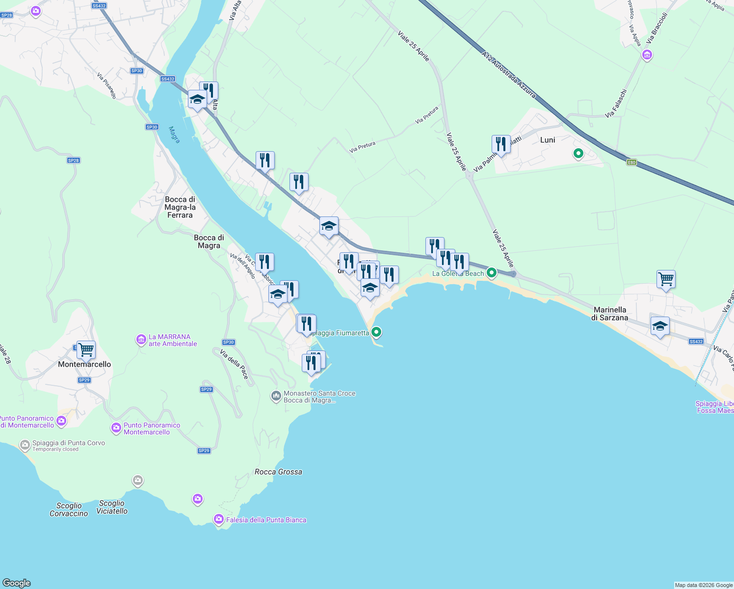map of restaurants, bars, coffee shops, grocery stores, and more near 53 Via Baban in Fiumaretta di Ameglia