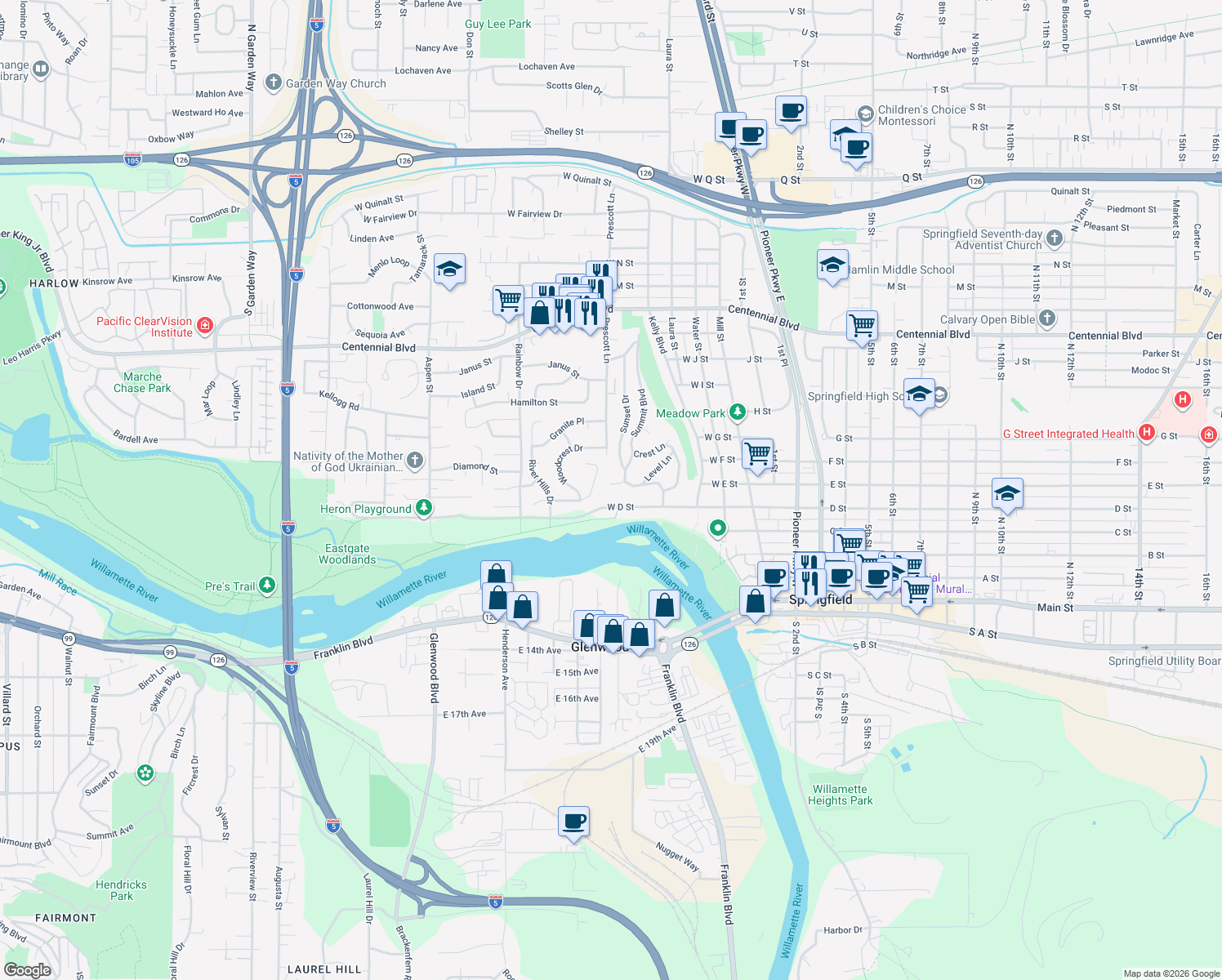 map of restaurants, bars, coffee shops, grocery stores, and more near 495 Riverview Boulevard in Springfield