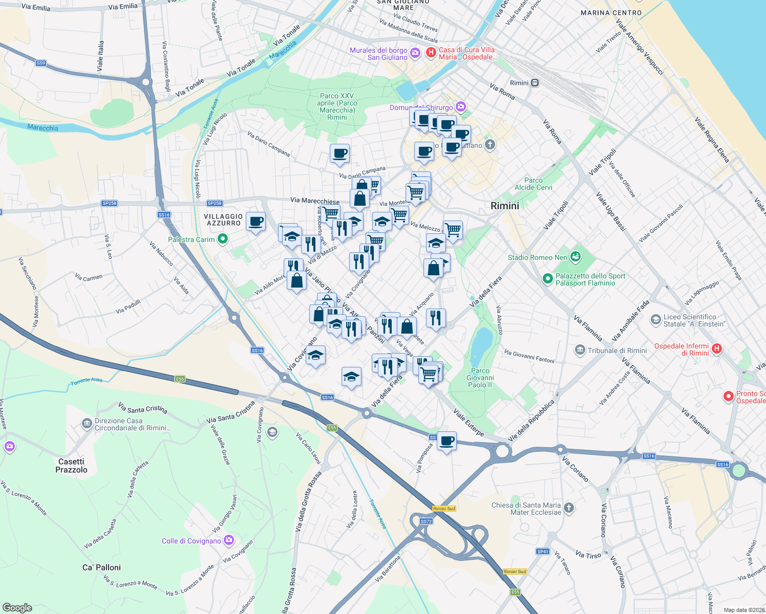 map of restaurants, bars, coffee shops, grocery stores, and more near 23A Via Ariete in Rimini
