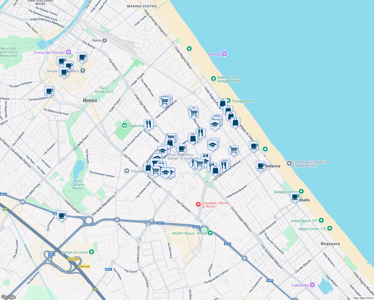 map of restaurants, bars, coffee shops, grocery stores, and more near 1 Via Corrado Ricci in Rimini
