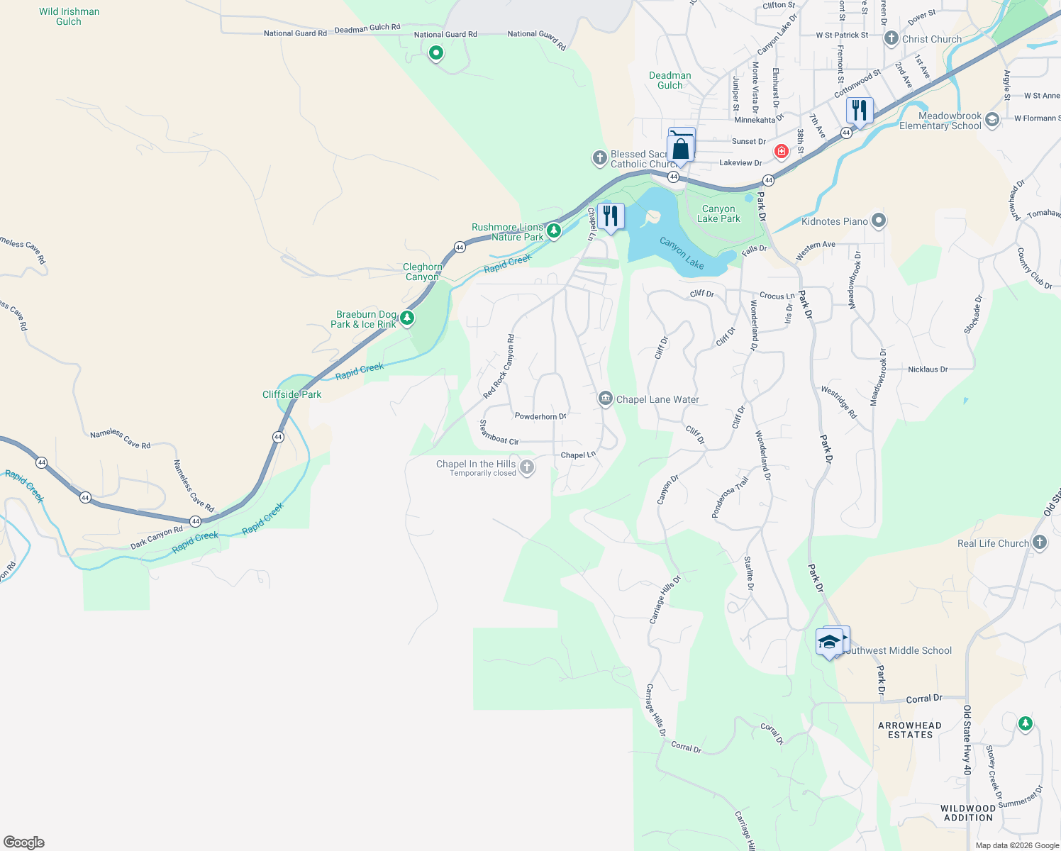 map of restaurants, bars, coffee shops, grocery stores, and more near 4713 Powderhorn Circle in Rapid City