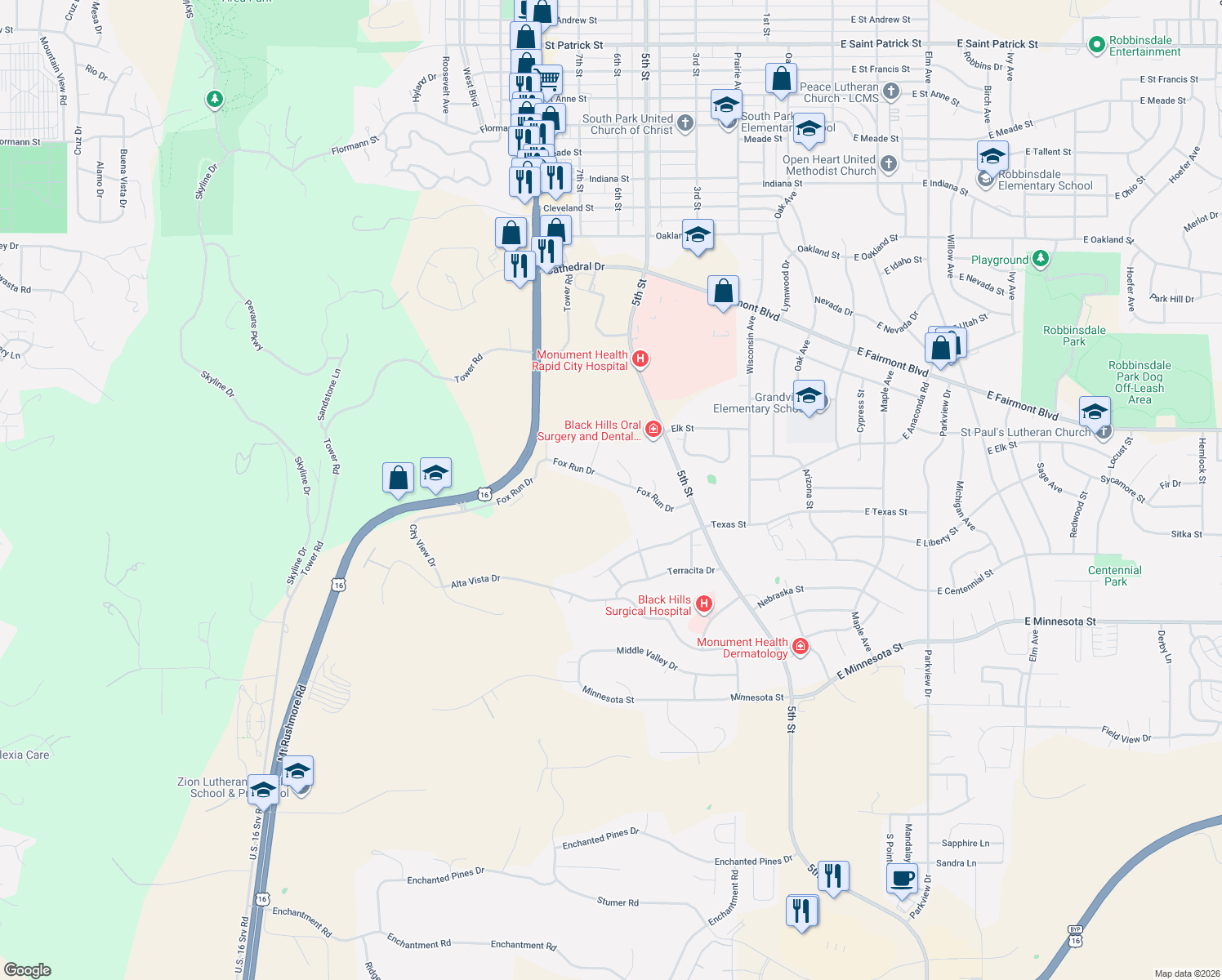 map of restaurants, bars, coffee shops, grocery stores, and more near 615 Fox Run Dr in Rapid City