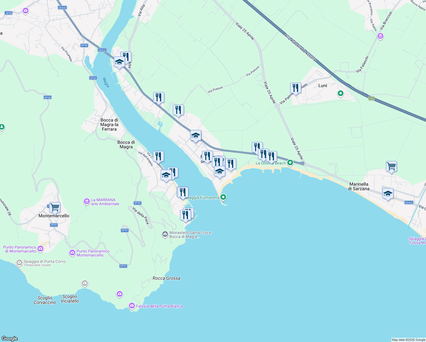 map of restaurants, bars, coffee shops, grocery stores, and more near 53 Via Baban in Fiumaretta di Ameglia
