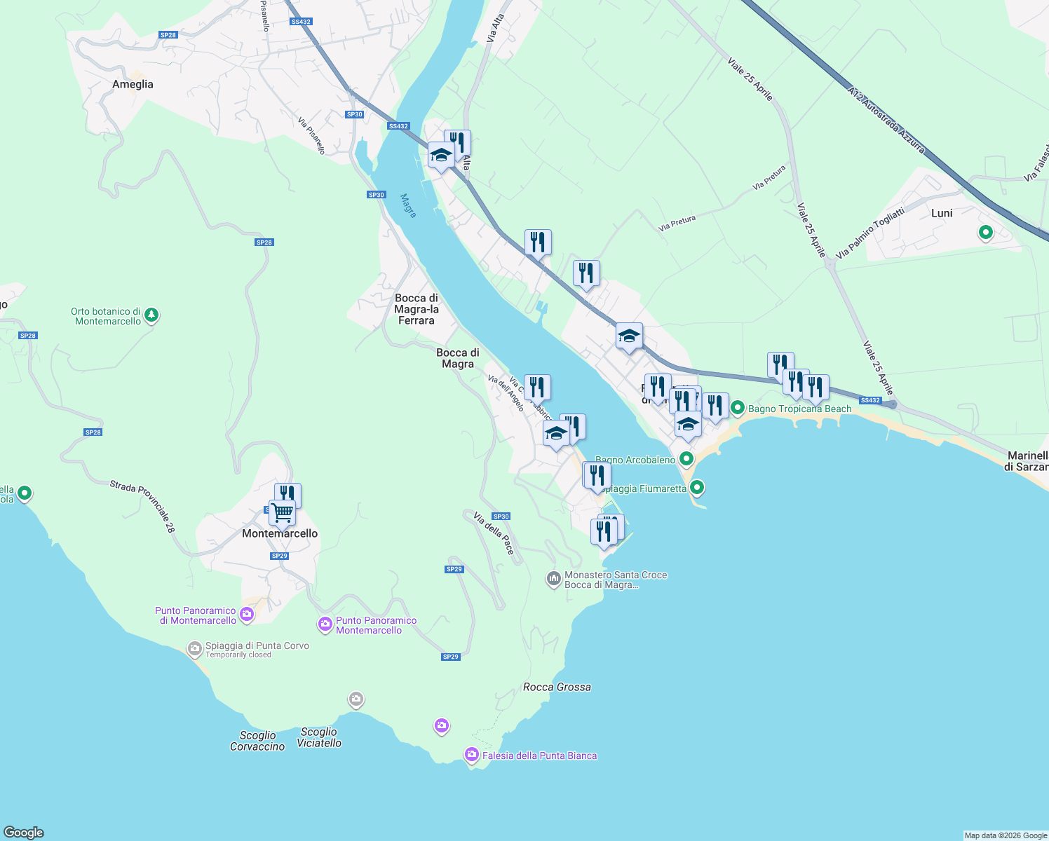 map of restaurants, bars, coffee shops, grocery stores, and more near 20 Via dell'Angelo in Bocca di Magra
