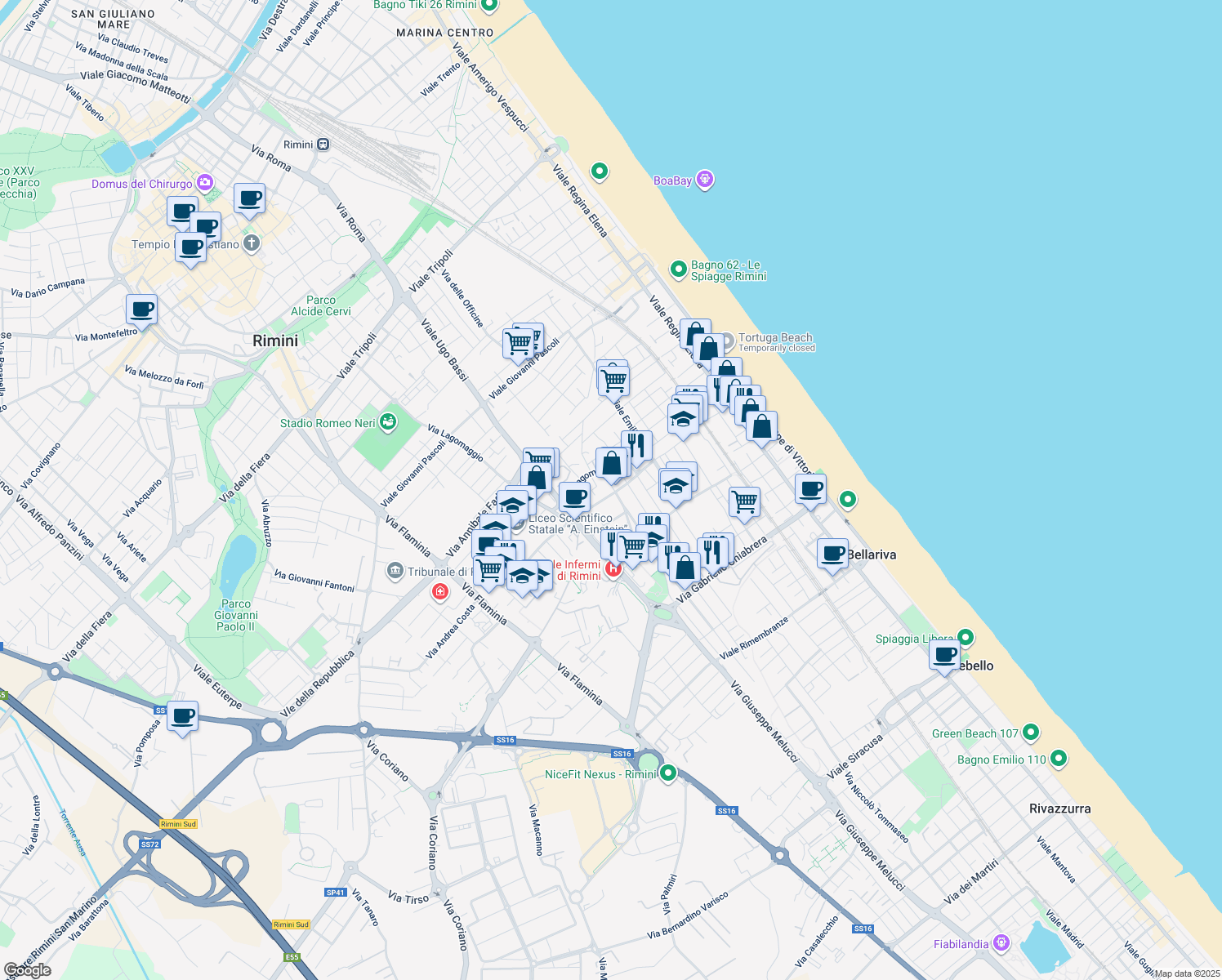 map of restaurants, bars, coffee shops, grocery stores, and more near 18-24 Via Antonio Fogazzaro in Rimini