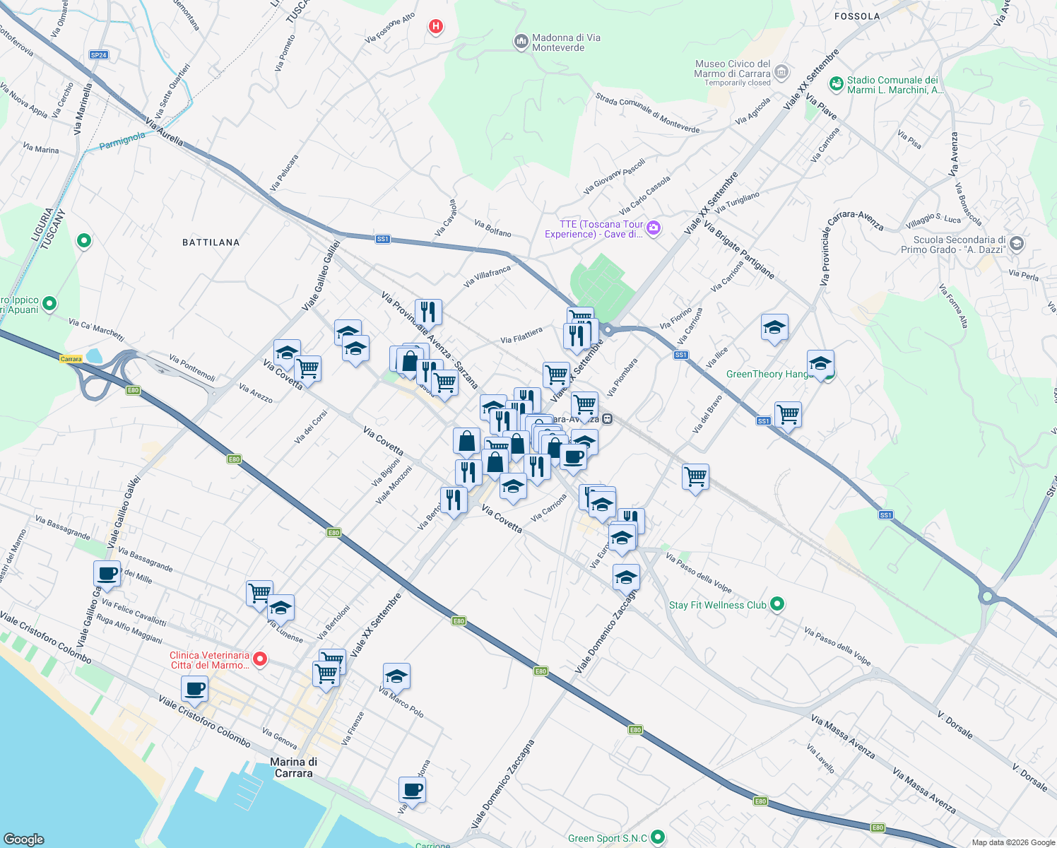 map of restaurants, bars, coffee shops, grocery stores, and more near 203/A Viale XX Settembre in Carrara