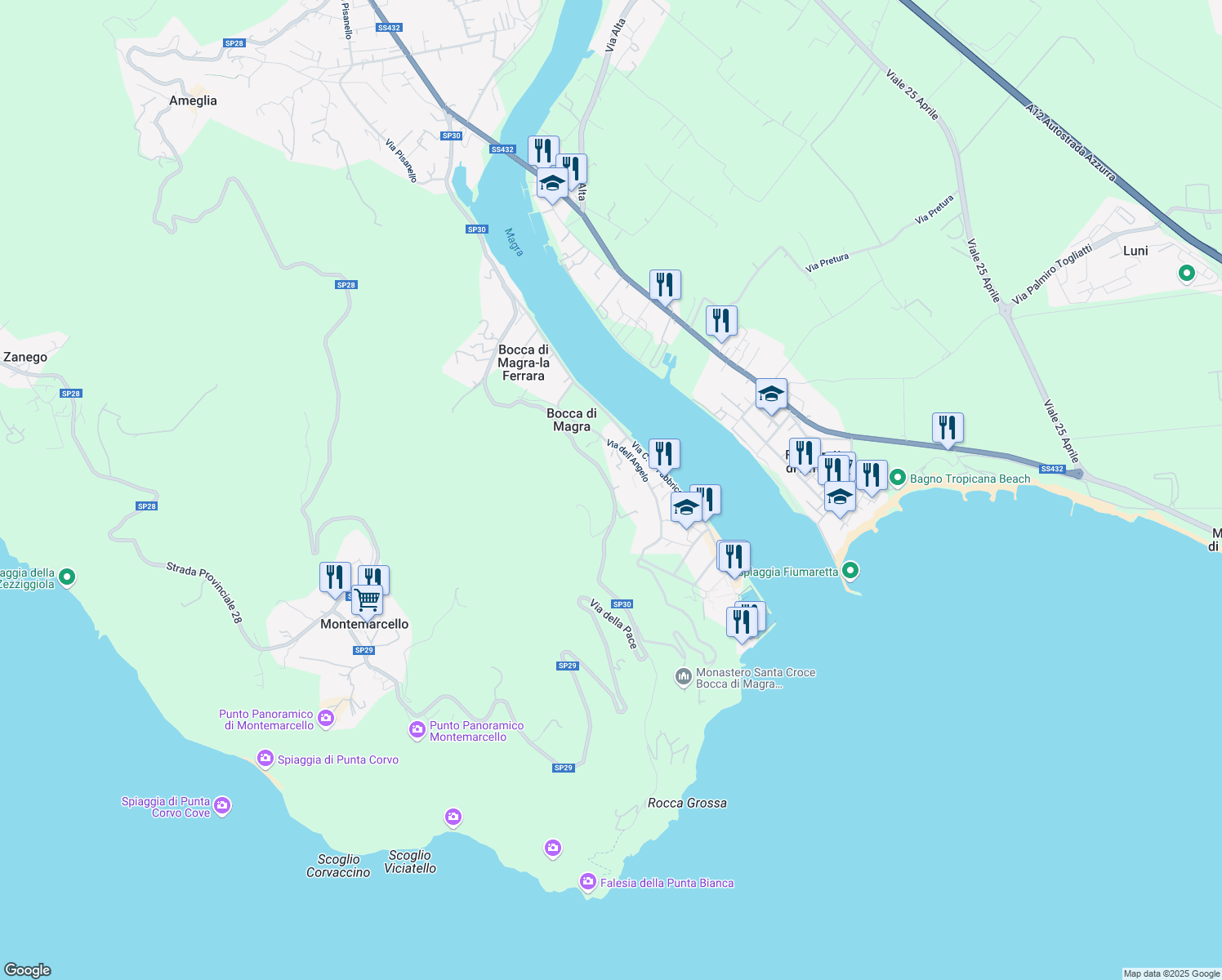 map of restaurants, bars, coffee shops, grocery stores, and more near 50 Via della Pace in Provincia della Spezia