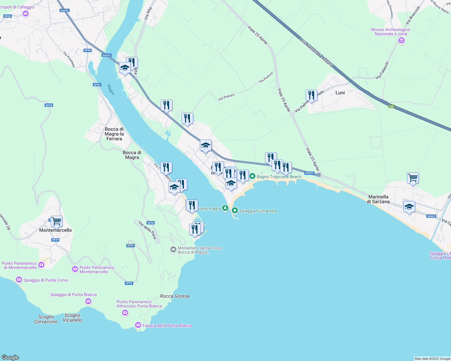 map of restaurants, bars, coffee shops, grocery stores, and more near 53 Via Baban in Fiumaretta di Ameglia
