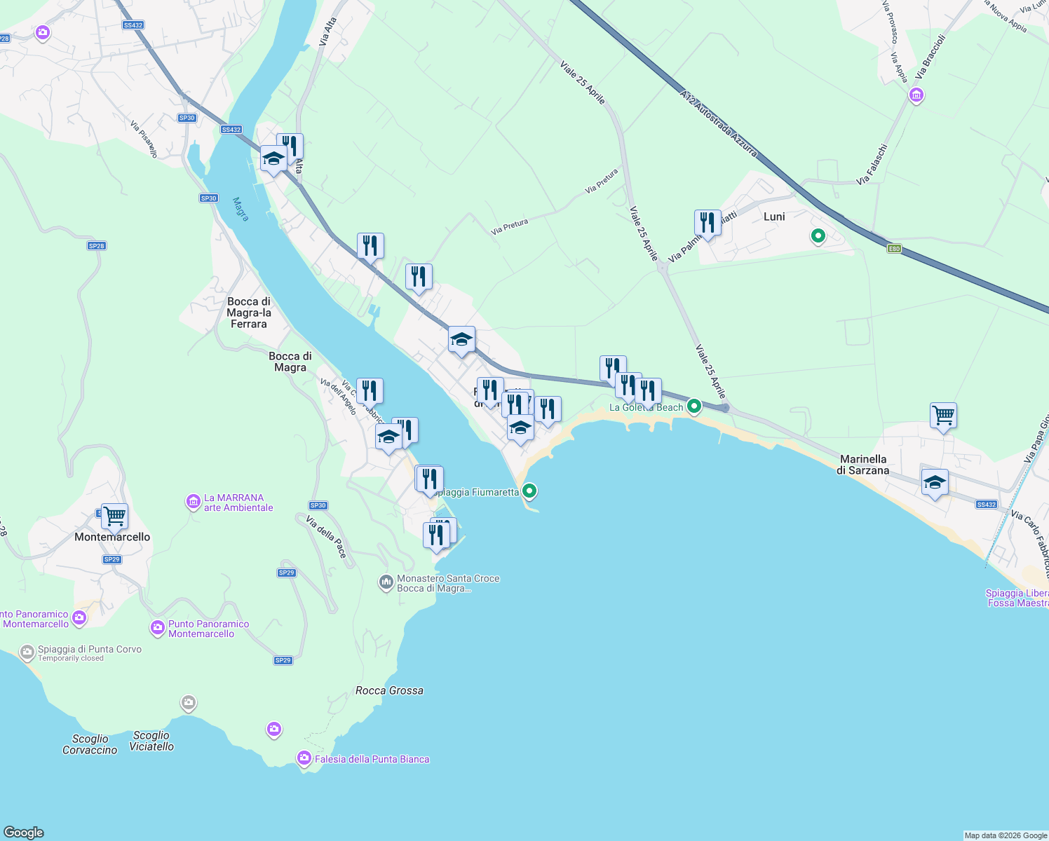 map of restaurants, bars, coffee shops, grocery stores, and more near 53 Via Baban in Fiumaretta di Ameglia