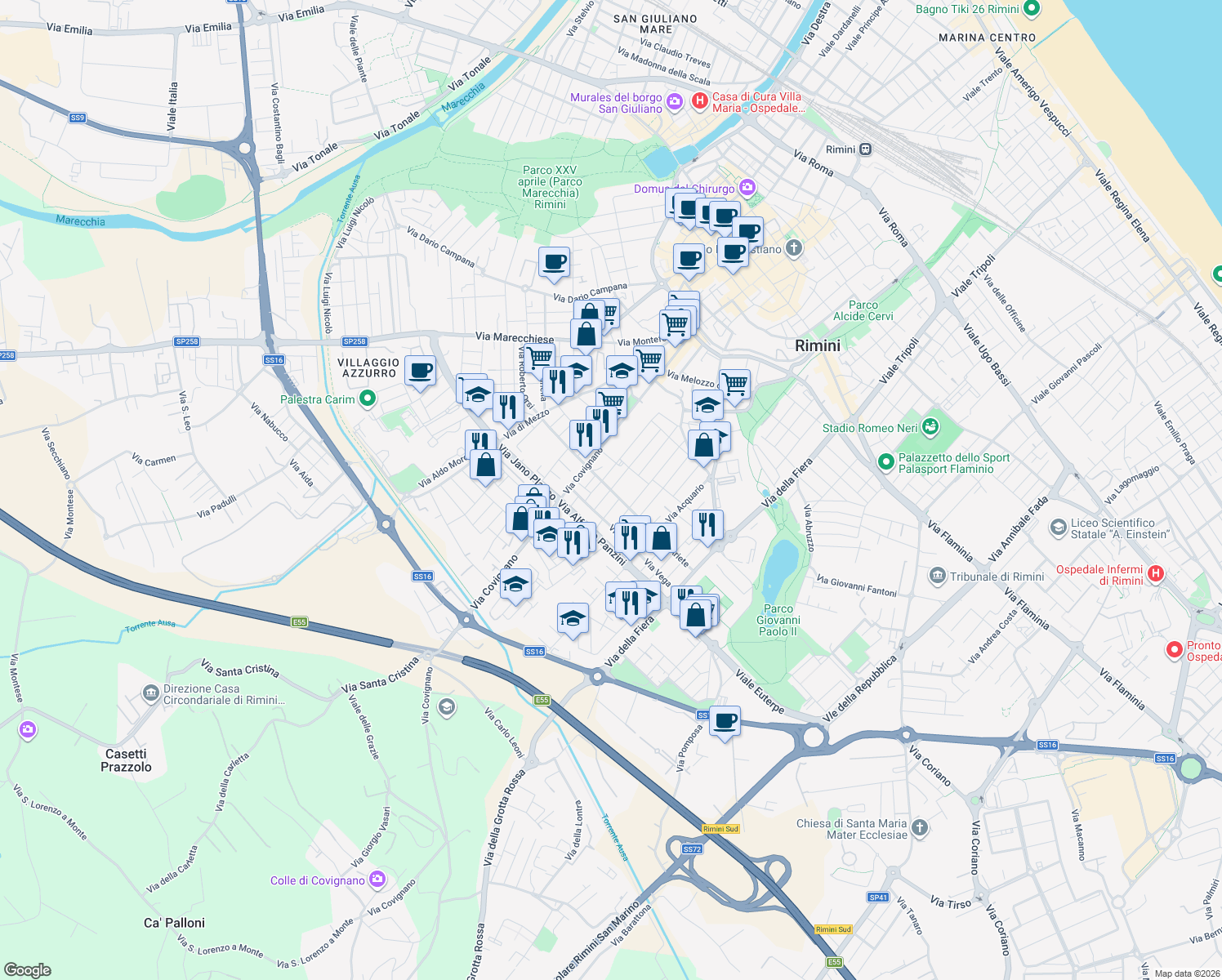 map of restaurants, bars, coffee shops, grocery stores, and more near 23A Via Ariete in Rimini
