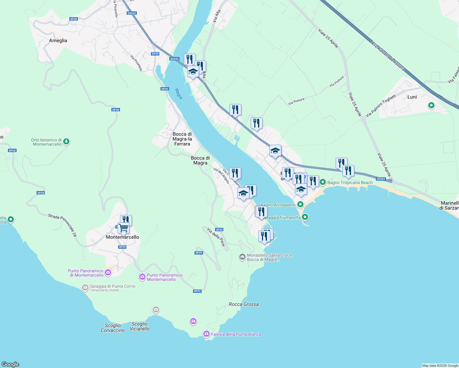 map of restaurants, bars, coffee shops, grocery stores, and more near in Bocca di Magra