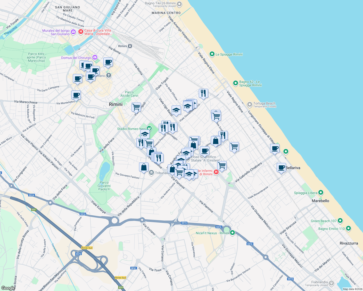 map of restaurants, bars, coffee shops, grocery stores, and more near 2 Via Giuseppe Bandi in Rimini