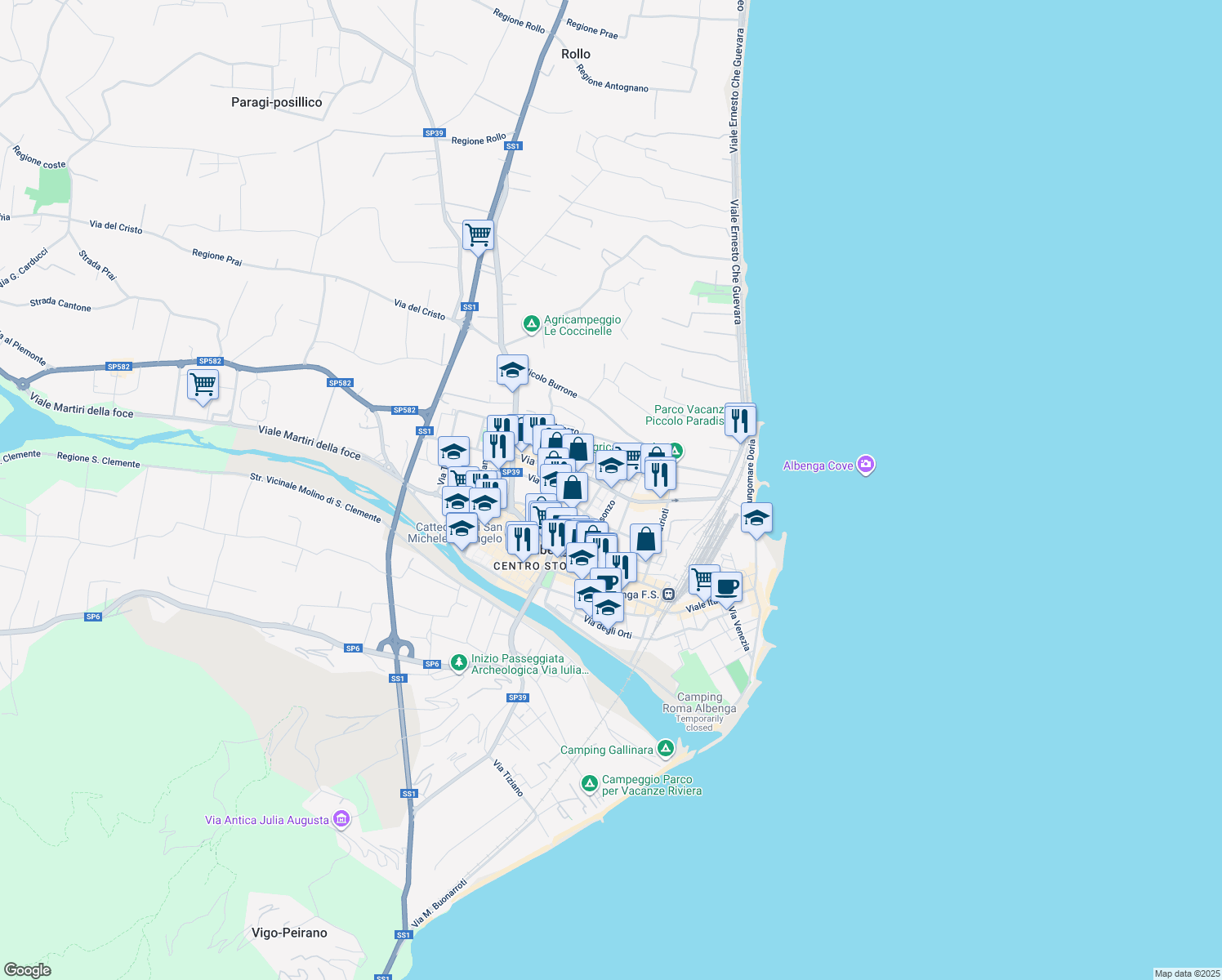map of restaurants, bars, coffee shops, grocery stores, and more near 16 Via Zara in Albenga