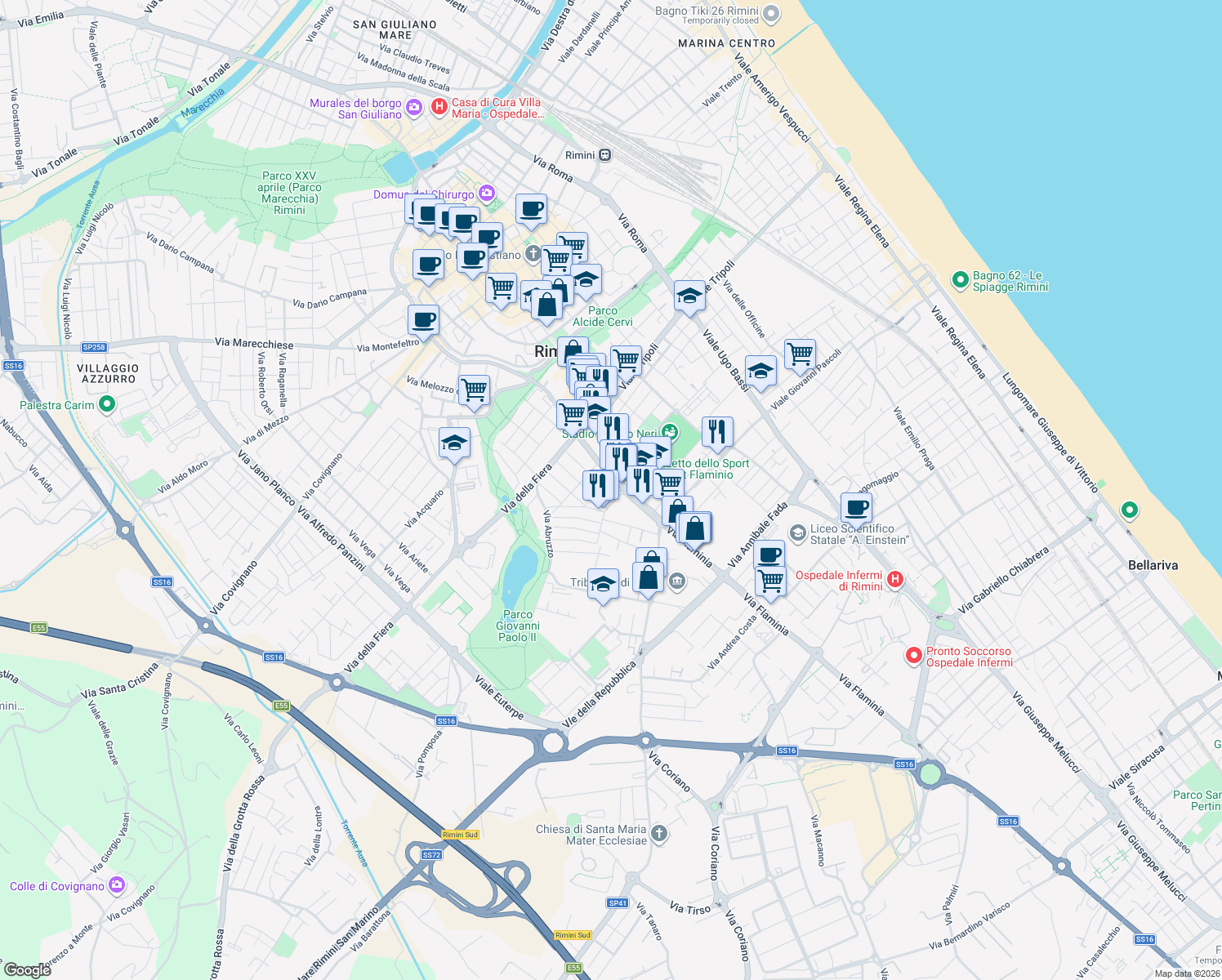 map of restaurants, bars, coffee shops, grocery stores, and more near 2-10 Via IX Febbraio 1849 in Rimini