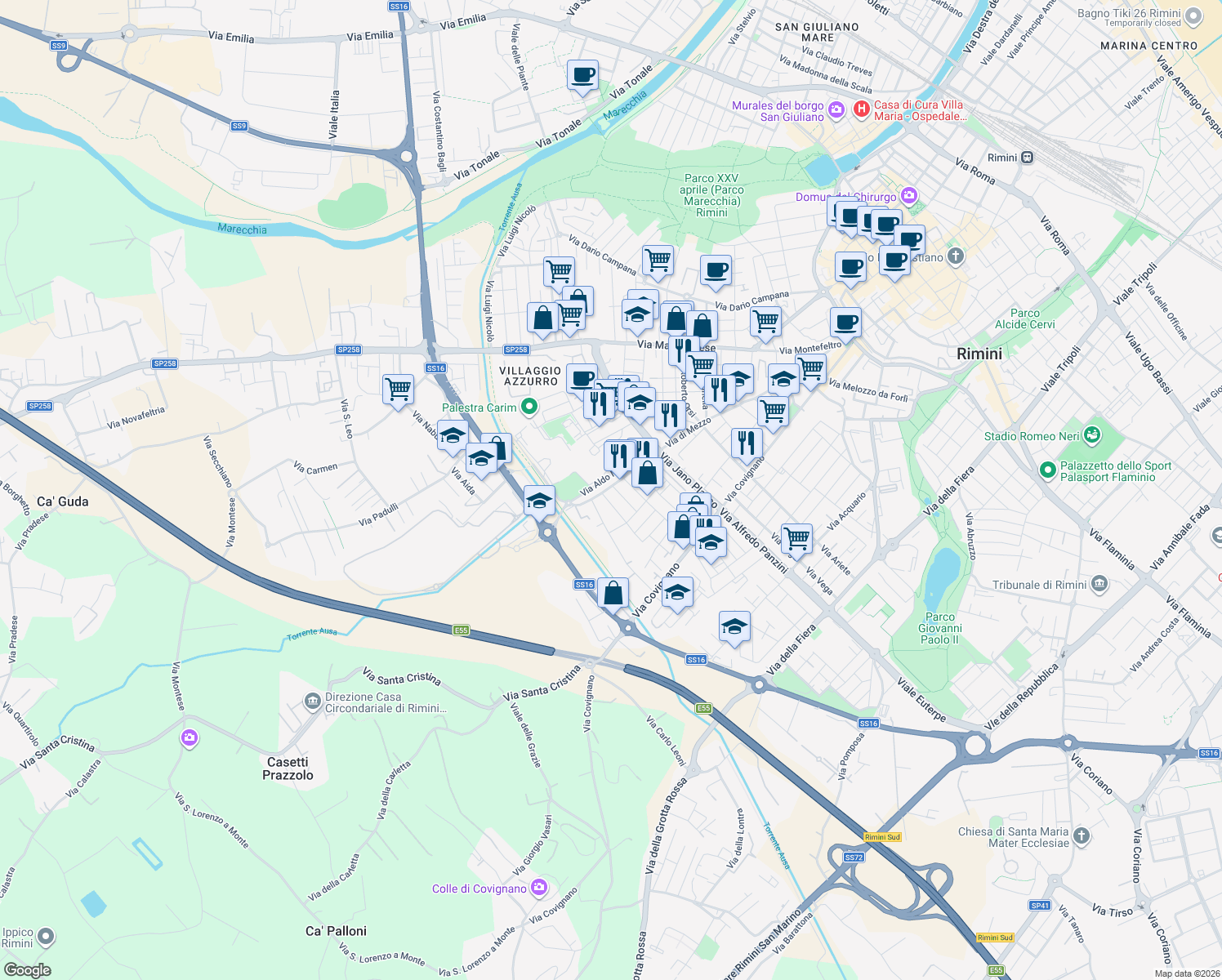 map of restaurants, bars, coffee shops, grocery stores, and more near 2 Via Aldo Moro in Rimini