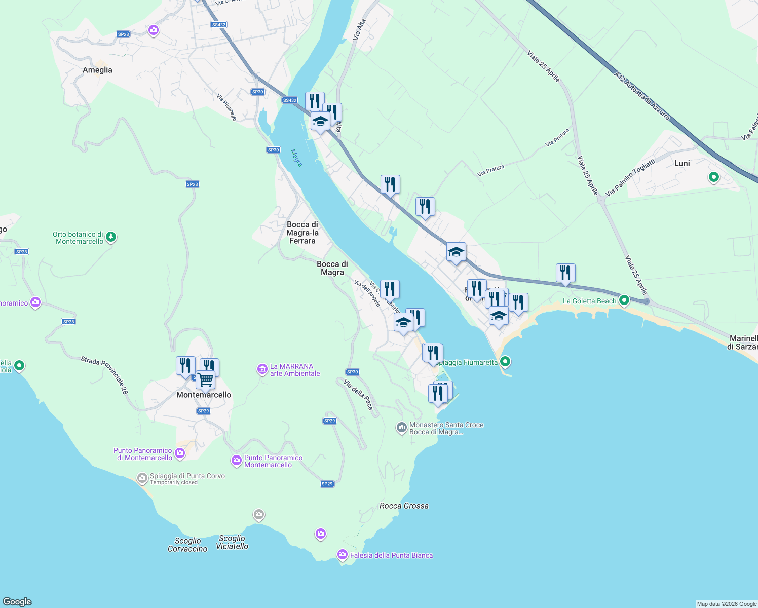 map of restaurants, bars, coffee shops, grocery stores, and more near 38 Via dell'Angelo in Bocca di Magra