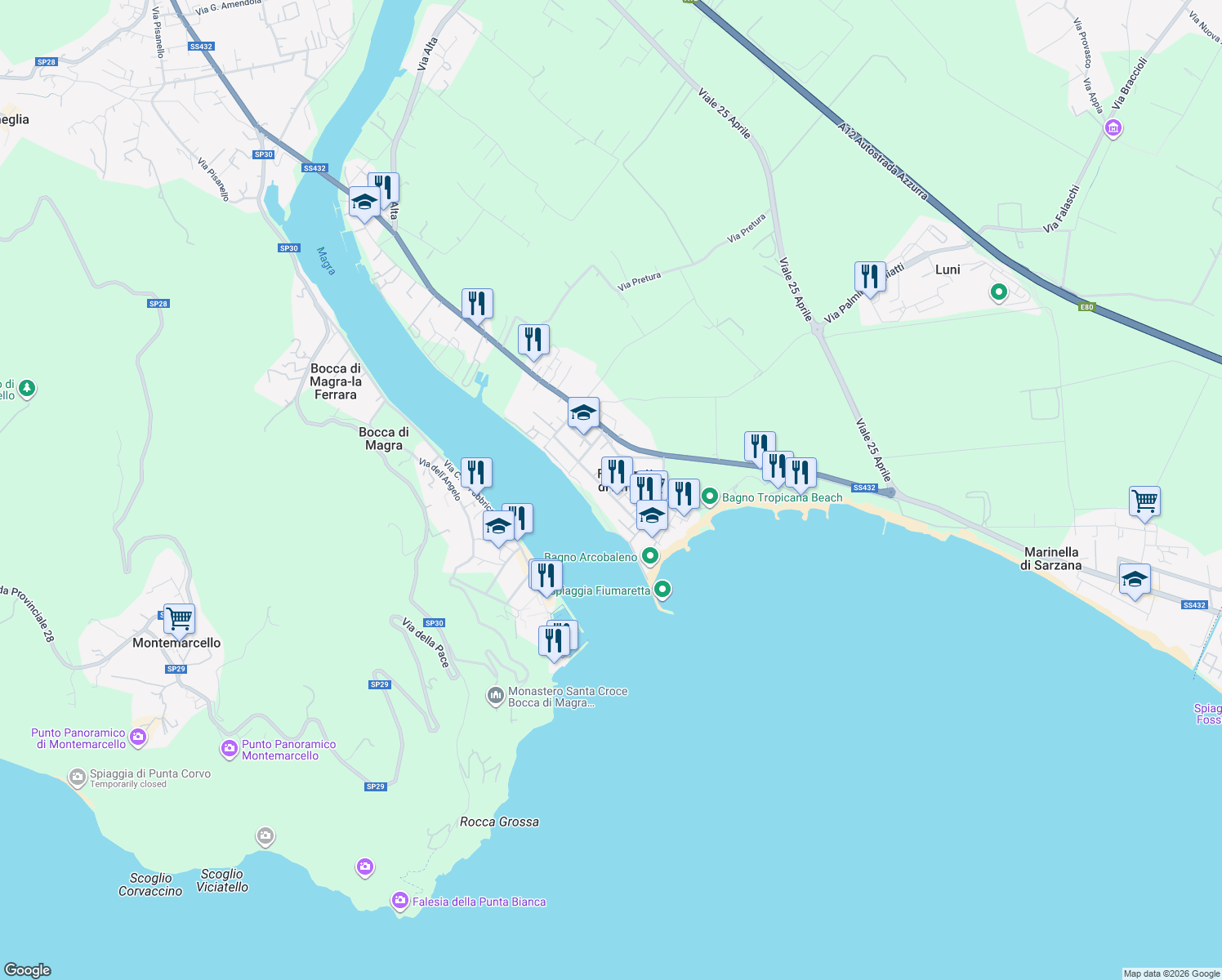 map of restaurants, bars, coffee shops, grocery stores, and more near in Province of La Spezia