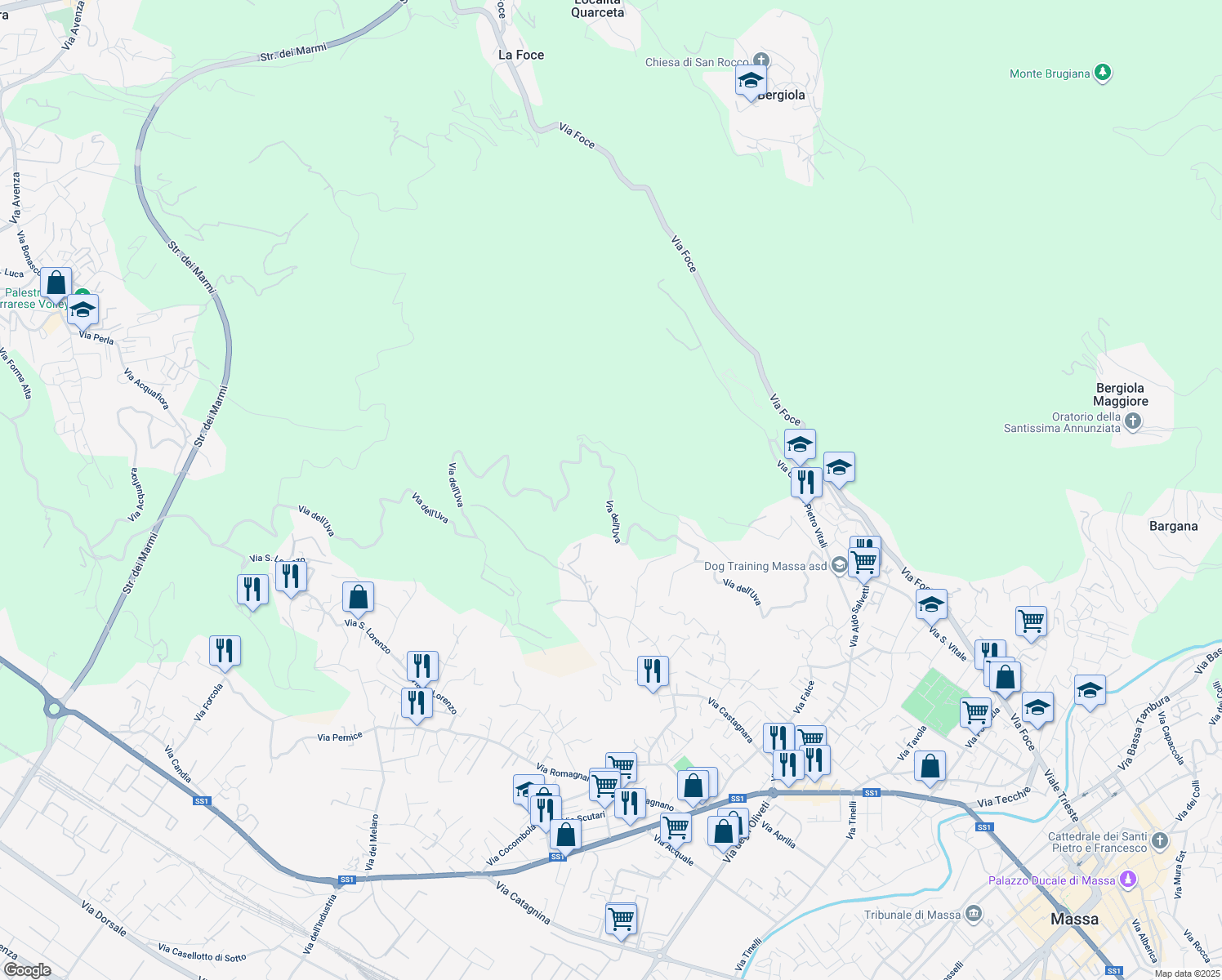 map of restaurants, bars, coffee shops, grocery stores, and more near 20 Via dell'Uva in Provincia di Massa e Carrara