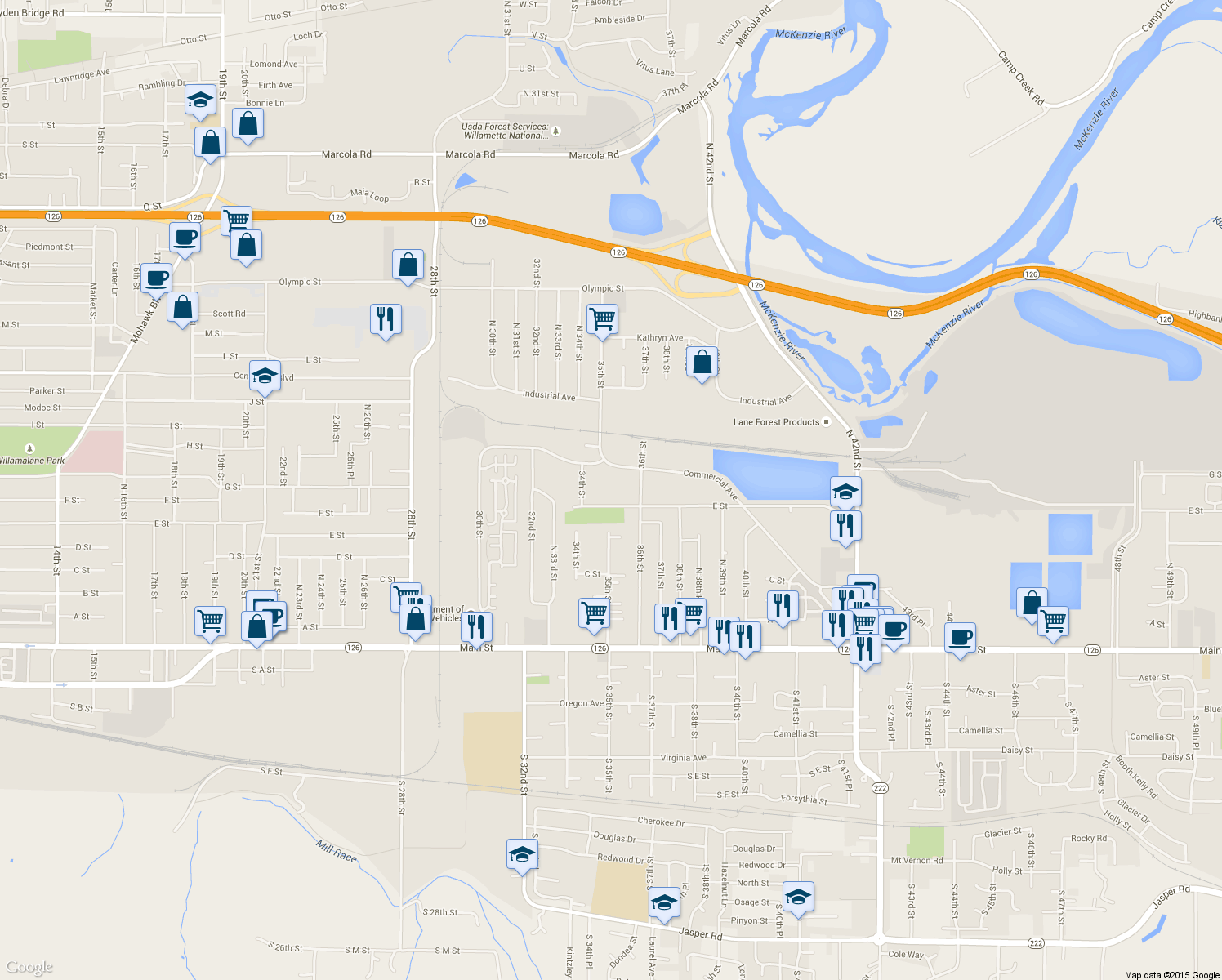map of restaurants, bars, coffee shops, grocery stores, and more near 3550 E Street in Springfield