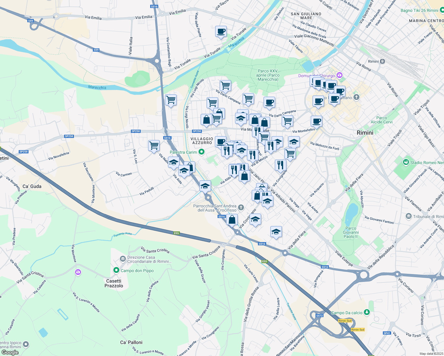 map of restaurants, bars, coffee shops, grocery stores, and more near 2 Via Aldo Moro in Rimini