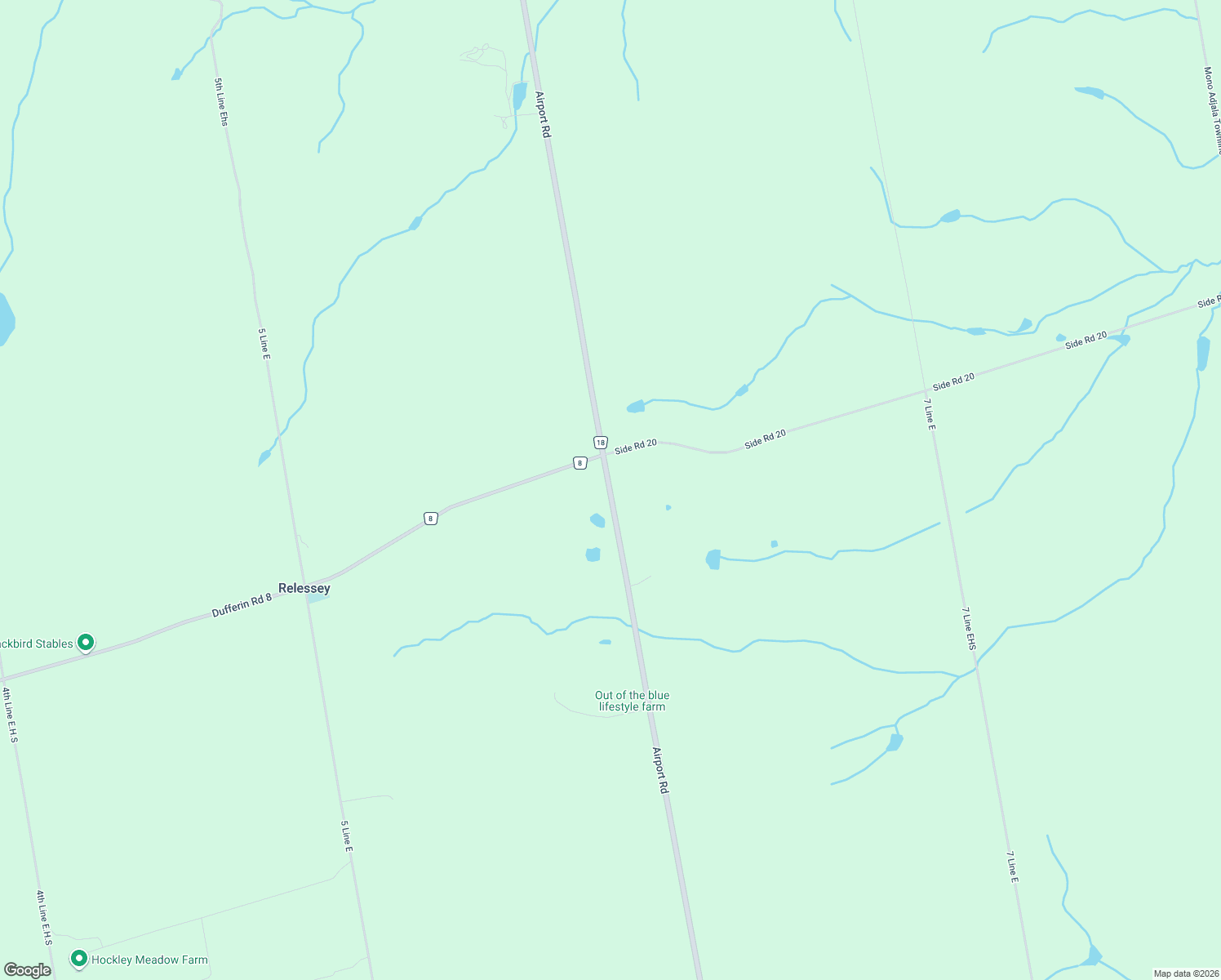 map of restaurants, bars, coffee shops, grocery stores, and more near 934619 Airport Road in Orangeville