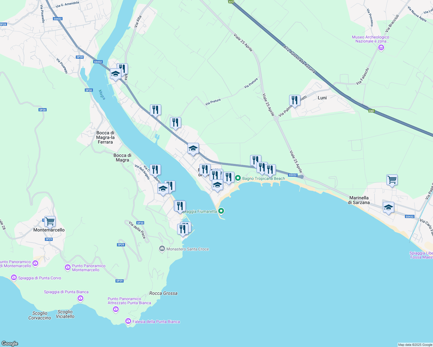 map of restaurants, bars, coffee shops, grocery stores, and more near 30 Via Baban in Fiumaretta di Ameglia