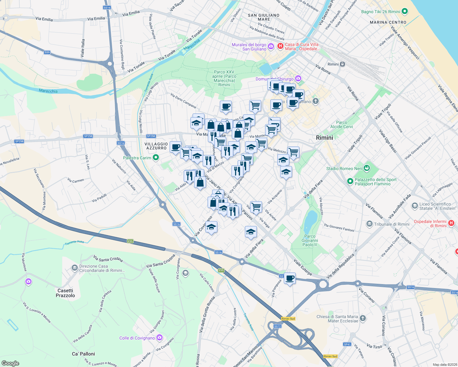 map of restaurants, bars, coffee shops, grocery stores, and more near 10 Via Eleonora Duse in Rimini