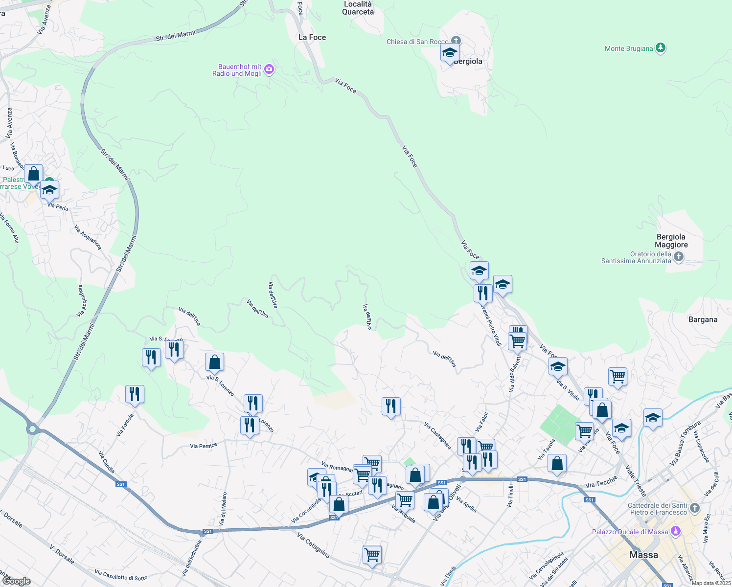 map of restaurants, bars, coffee shops, grocery stores, and more near 20 Via dell'Uva in Provincia di Massa e Carrara