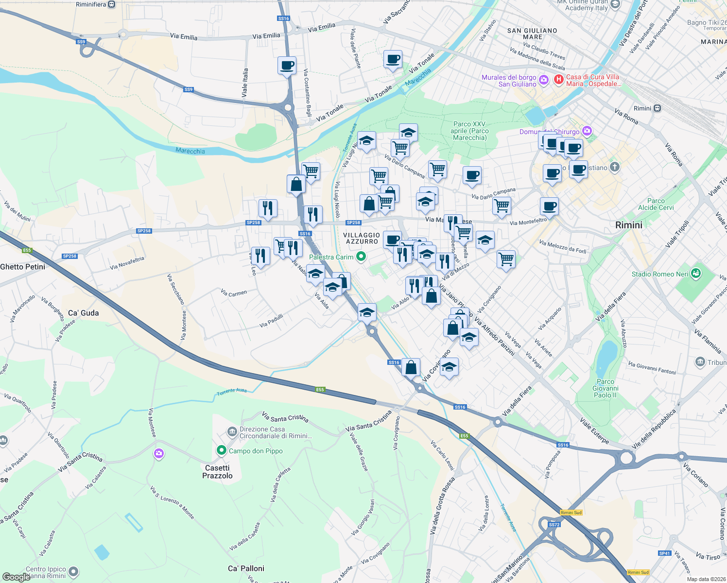 map of restaurants, bars, coffee shops, grocery stores, and more near 1 Via Aldo Moro in Rimini