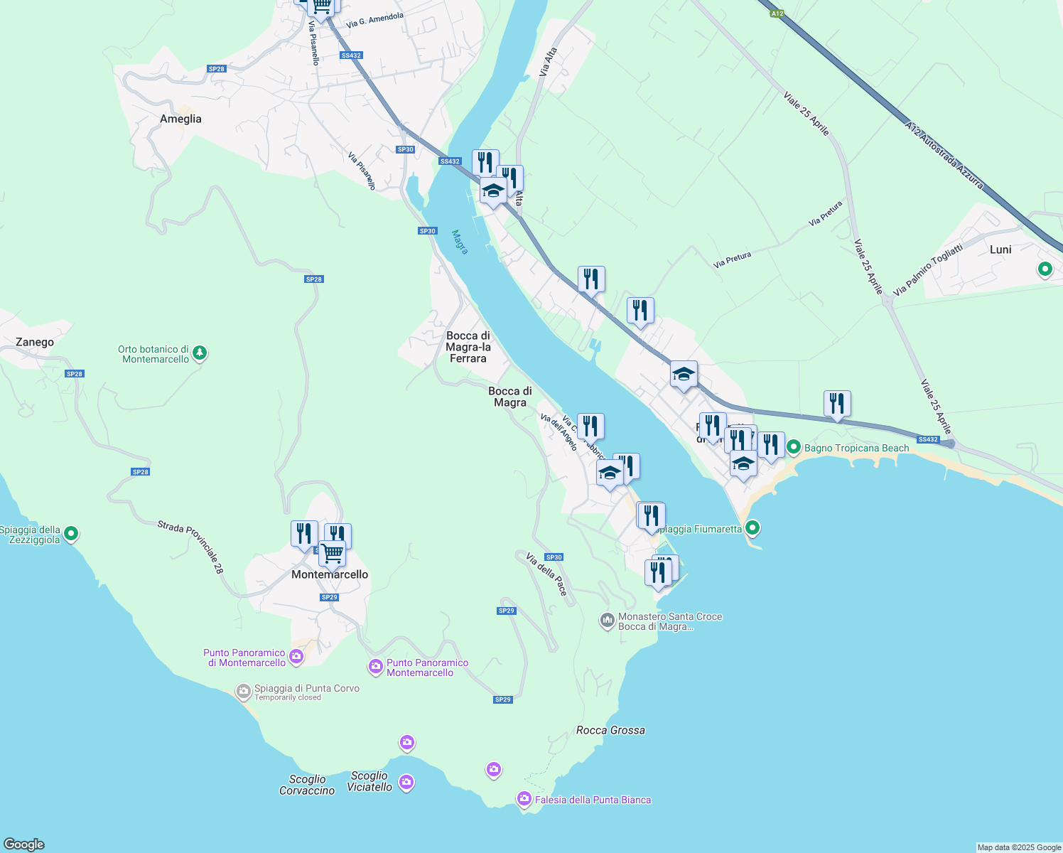map of restaurants, bars, coffee shops, grocery stores, and more near 52 Via della Pace in Provincia della Spezia