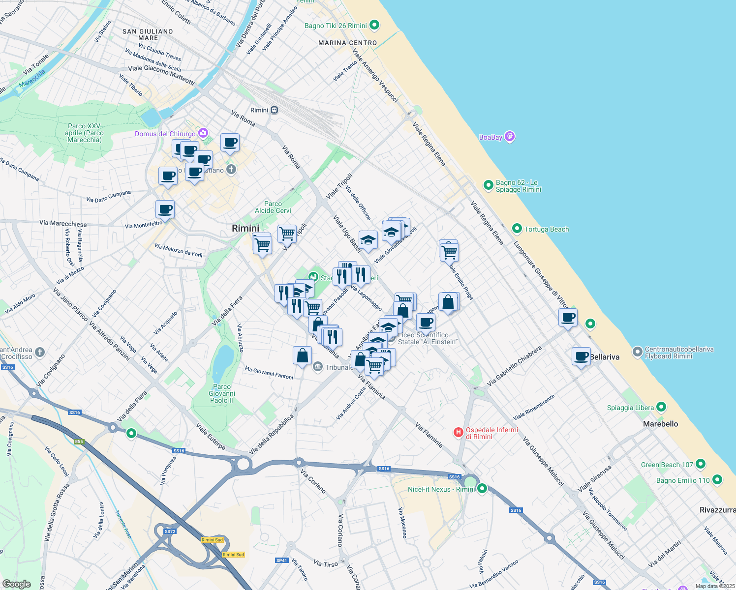map of restaurants, bars, coffee shops, grocery stores, and more near 1 Via Ippolito Nievo in Rimini