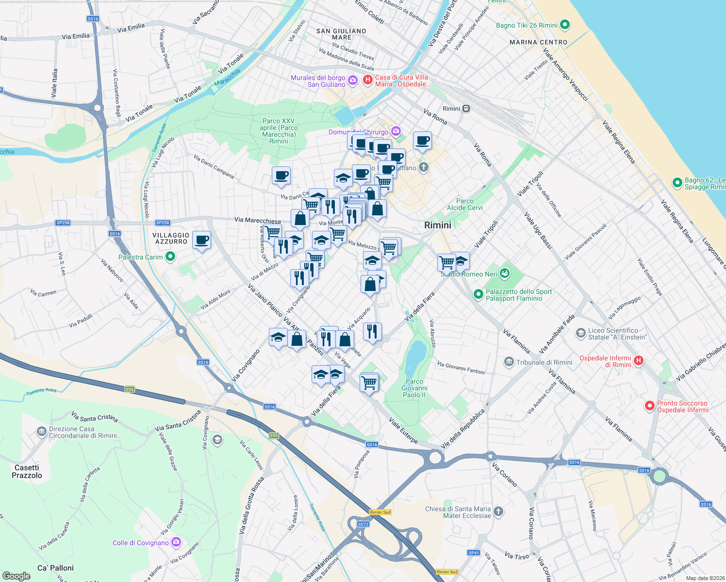map of restaurants, bars, coffee shops, grocery stores, and more near 46 Via del Cigno in Rimini