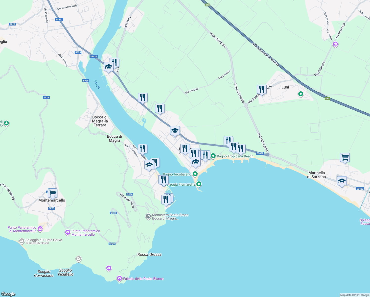 map of restaurants, bars, coffee shops, grocery stores, and more near in Province of La Spezia