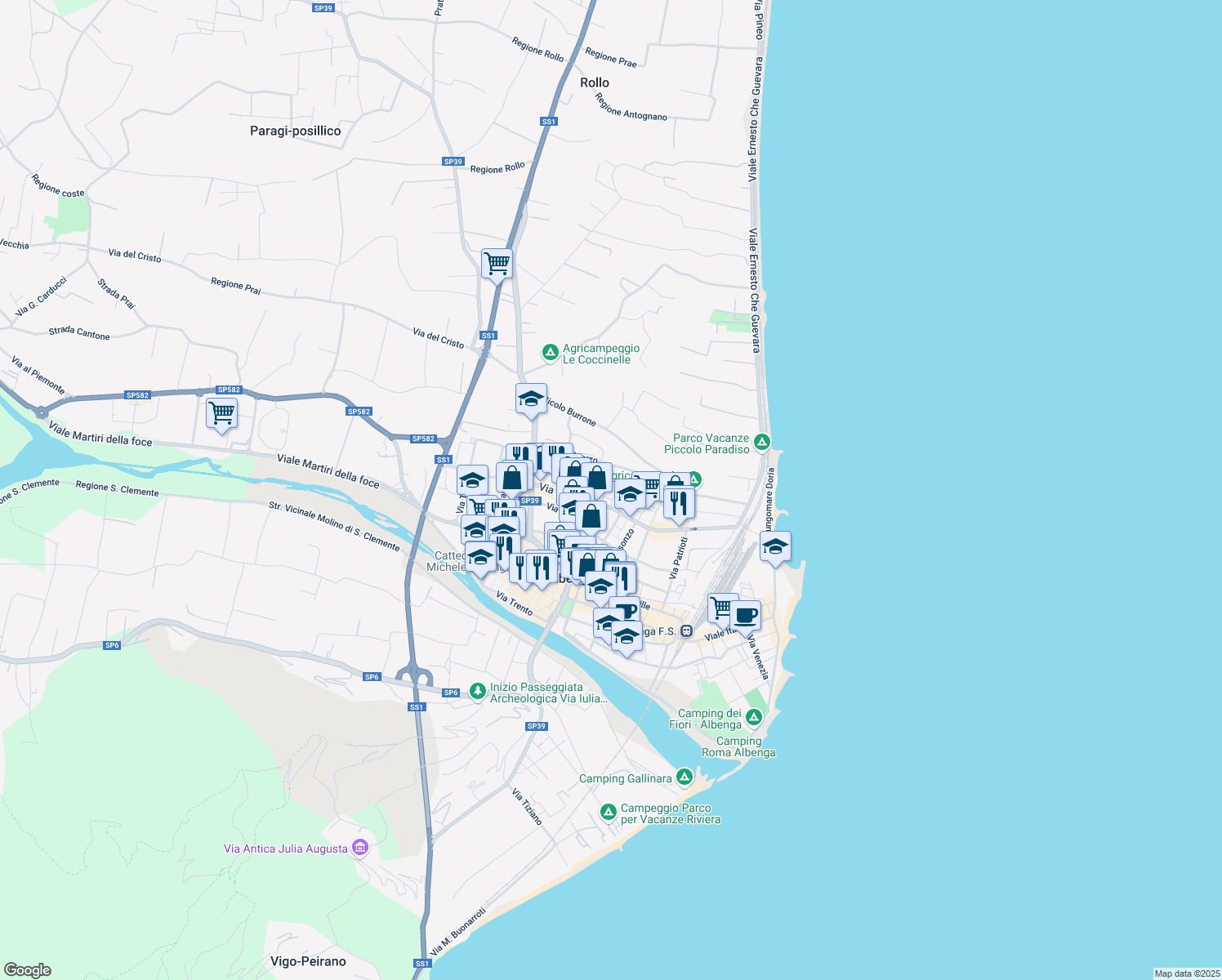 map of restaurants, bars, coffee shops, grocery stores, and more near 16 Via Zara in Albenga