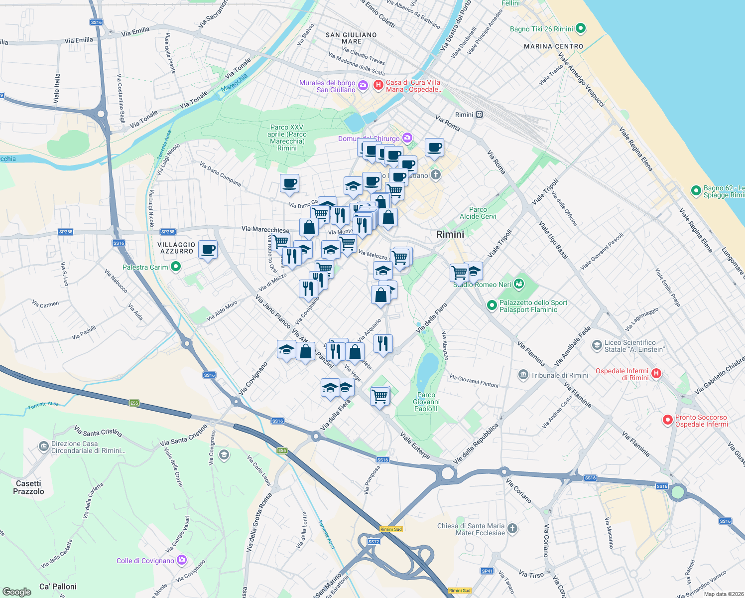 map of restaurants, bars, coffee shops, grocery stores, and more near 46 Via del Cigno in Rimini