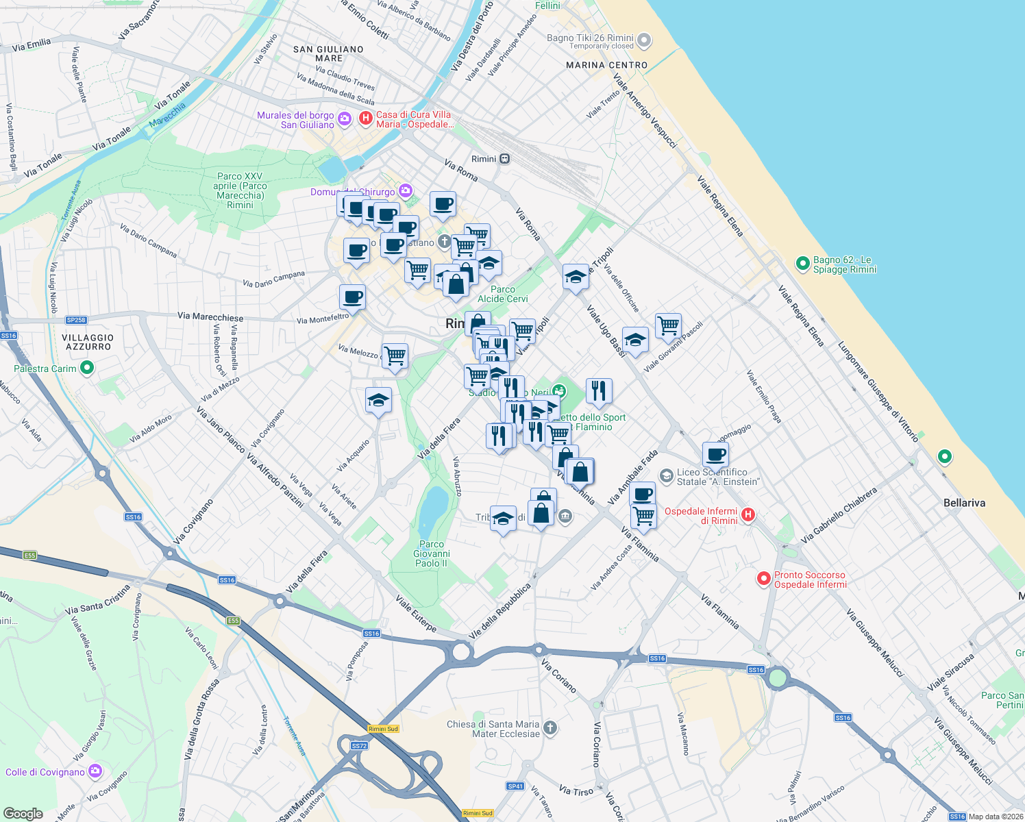 map of restaurants, bars, coffee shops, grocery stores, and more near 10 Viale Nove febbraio 1849 in Rimini