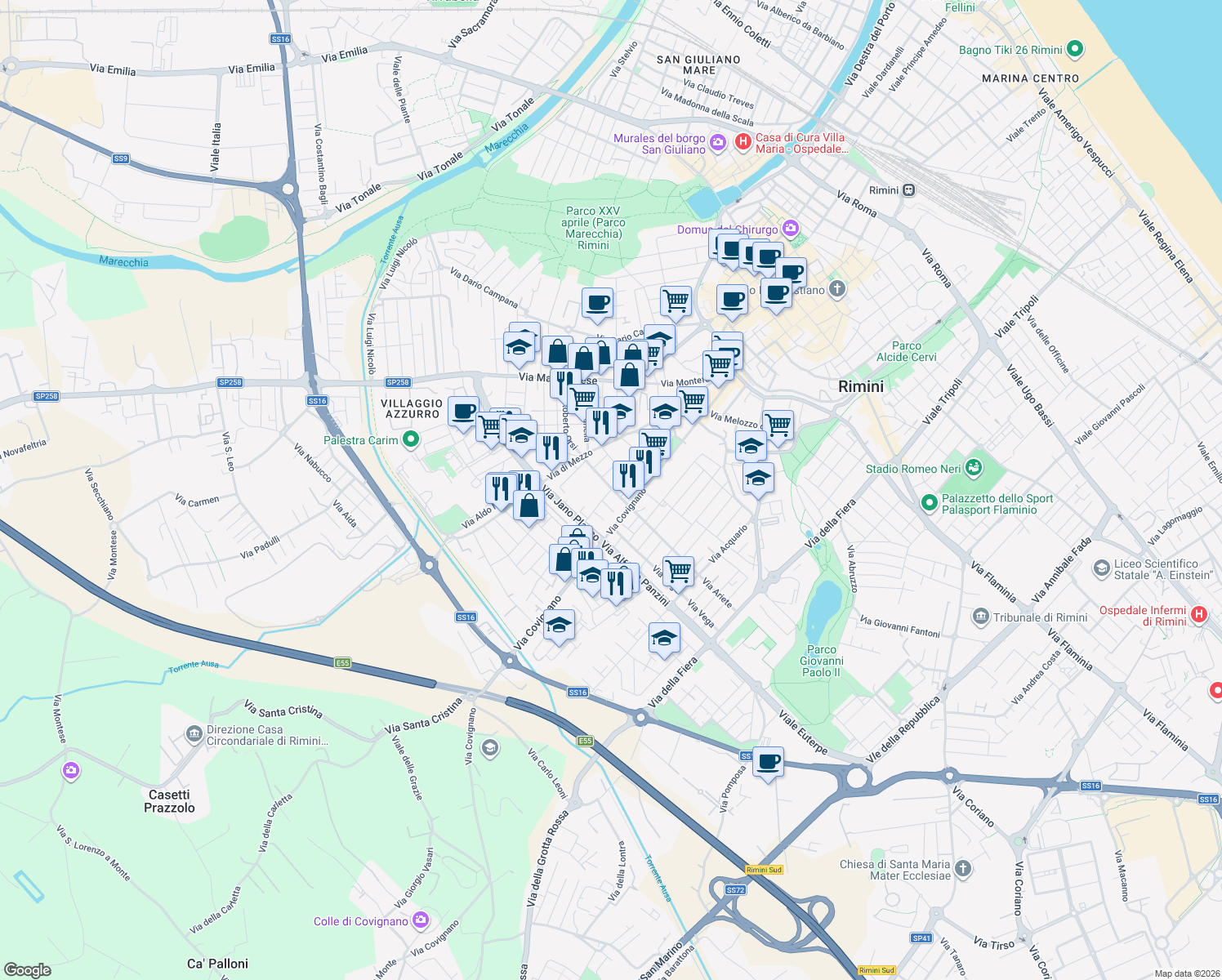 map of restaurants, bars, coffee shops, grocery stores, and more near 10 Via Eleonora Duse in Rimini