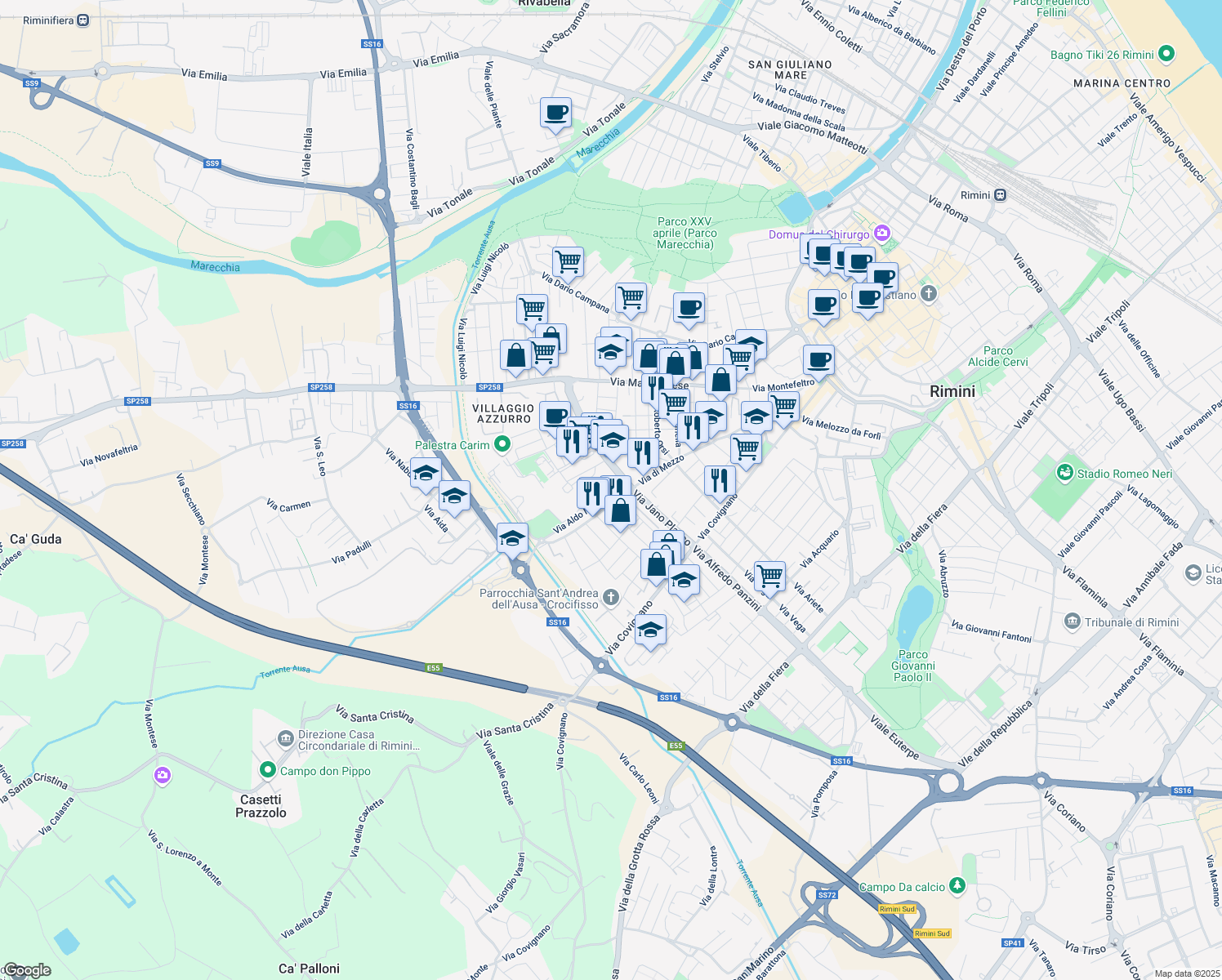 map of restaurants, bars, coffee shops, grocery stores, and more near 2 Via Aldo Moro in Rimini