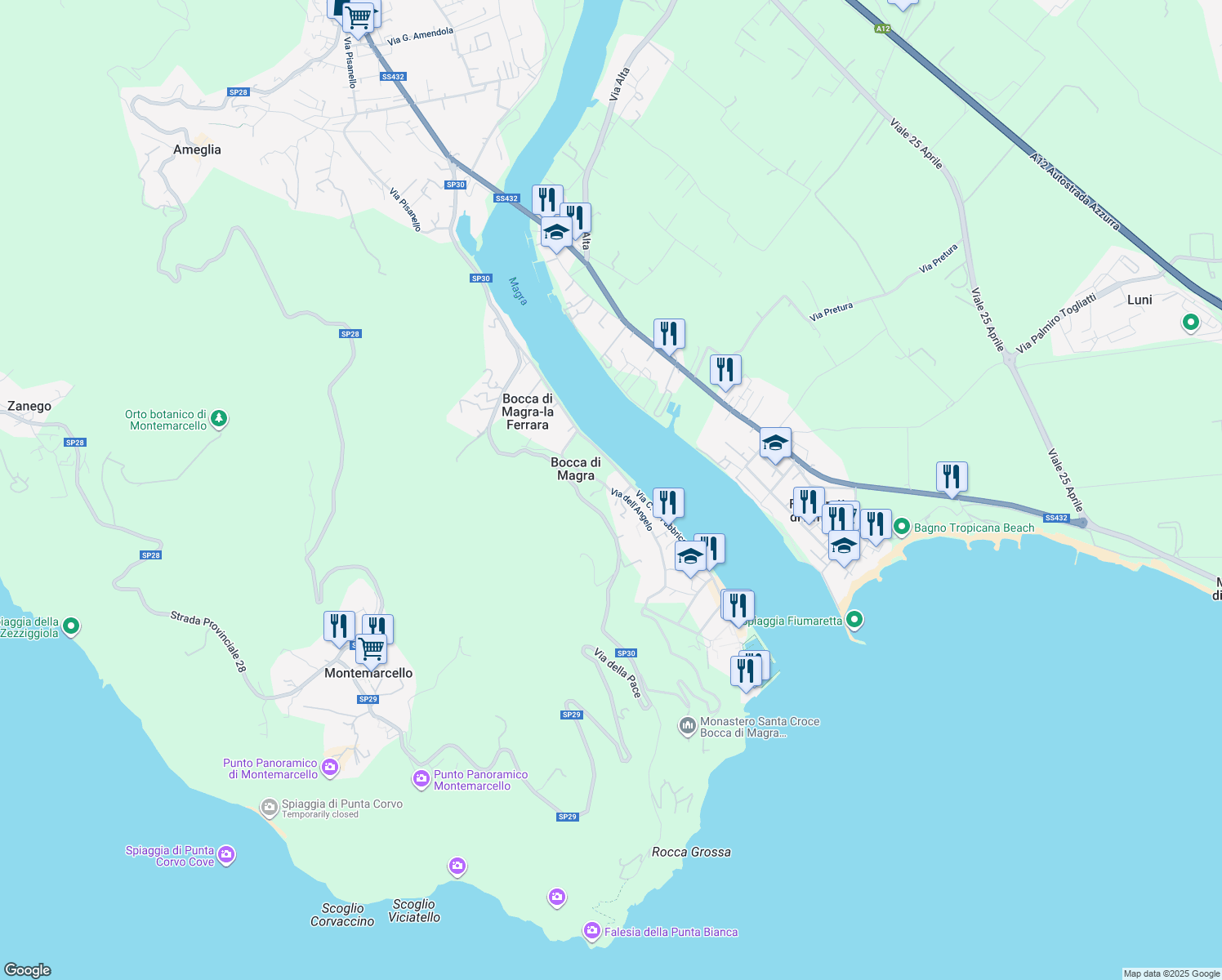 map of restaurants, bars, coffee shops, grocery stores, and more near 84 Via Fabbricotti in Bocca di Magra