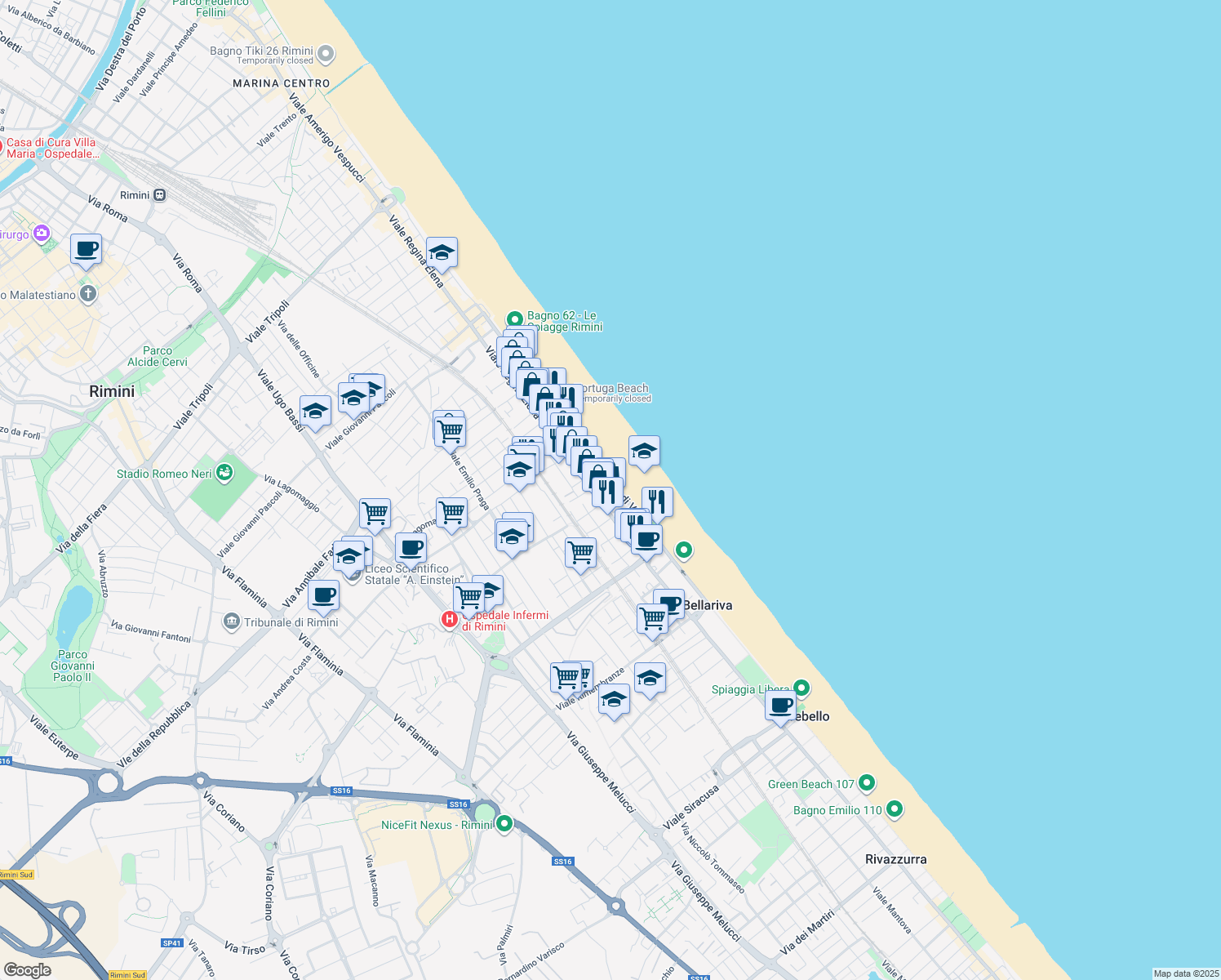 map of restaurants, bars, coffee shops, grocery stores, and more near 14 Lungomare Giuseppe di Vittorio in Rimini
