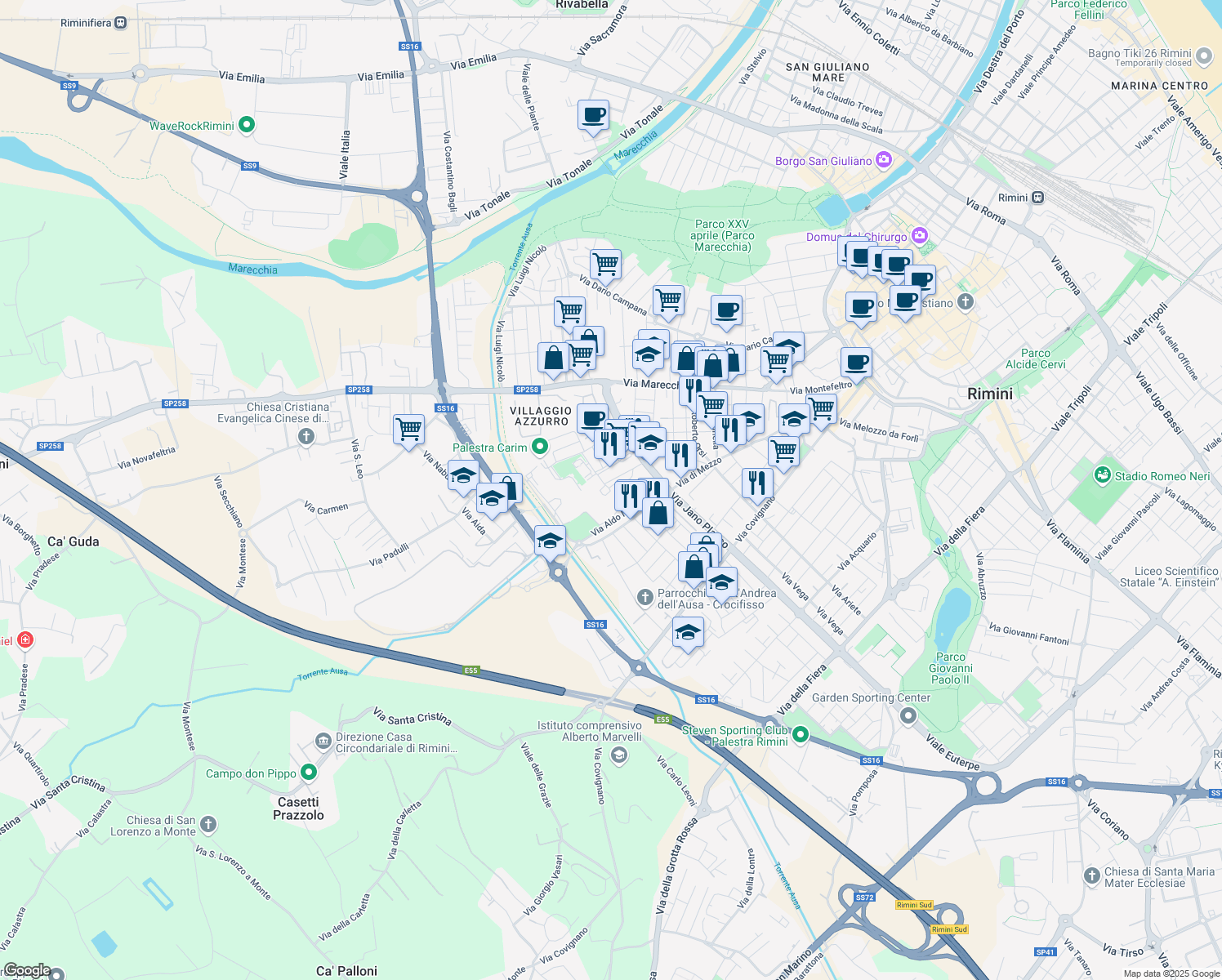 map of restaurants, bars, coffee shops, grocery stores, and more near 5-13 Via Flavia Casadei in Rimini