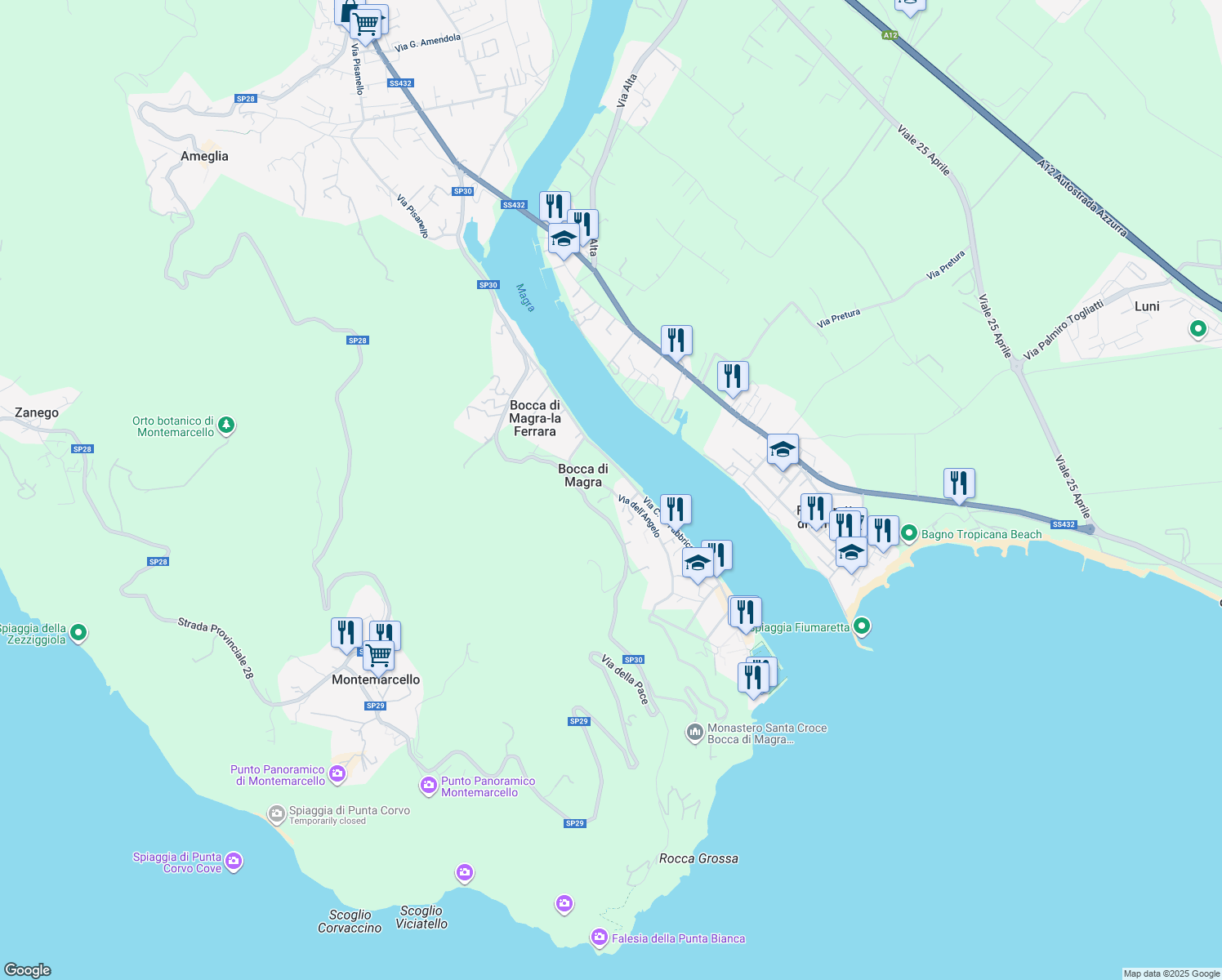 map of restaurants, bars, coffee shops, grocery stores, and more near 84 Via C. A. Fabbricotti in Bocca di Magra