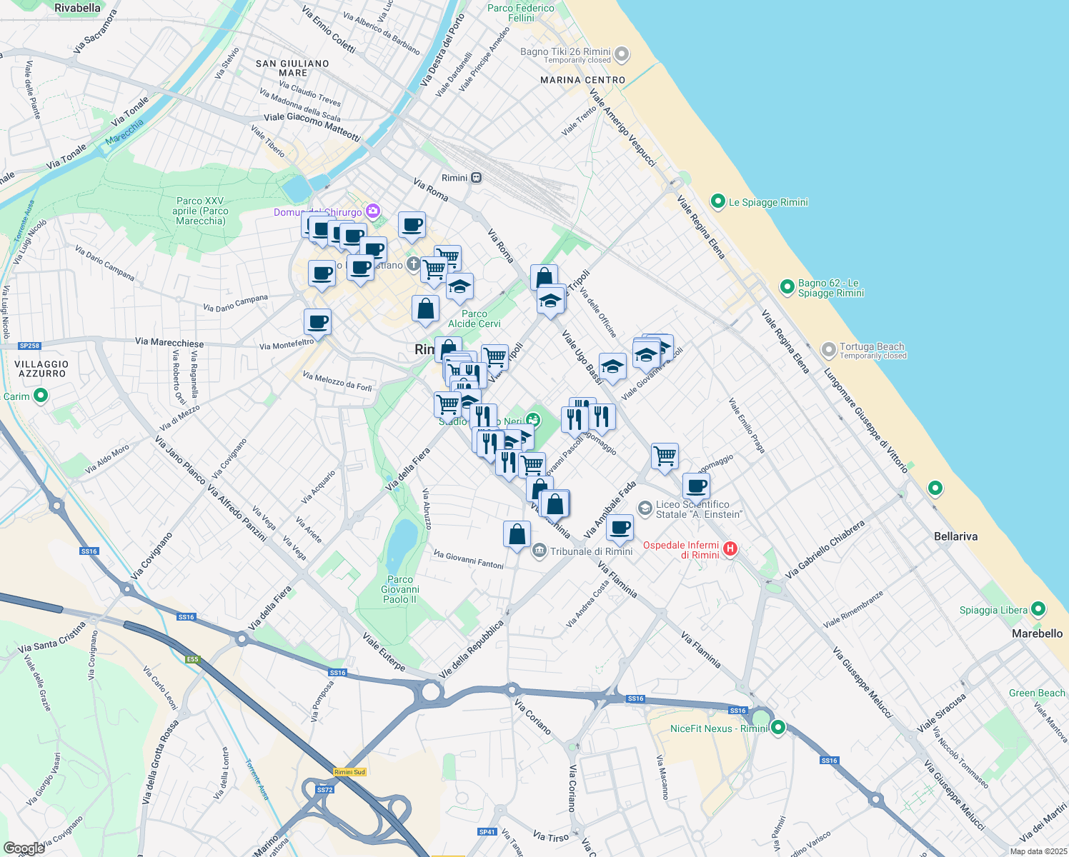 map of restaurants, bars, coffee shops, grocery stores, and more near 18 Viale Nove febbraio 1849 in Rimini