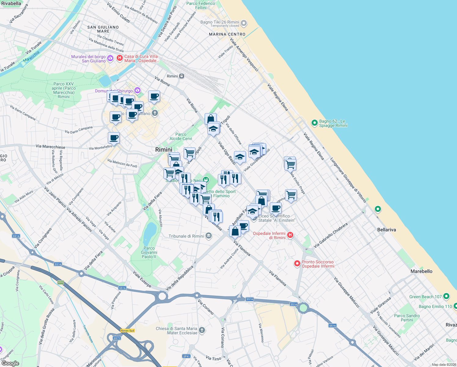 map of restaurants, bars, coffee shops, grocery stores, and more near 120 Viale Giovanni Pascoli in Rimini