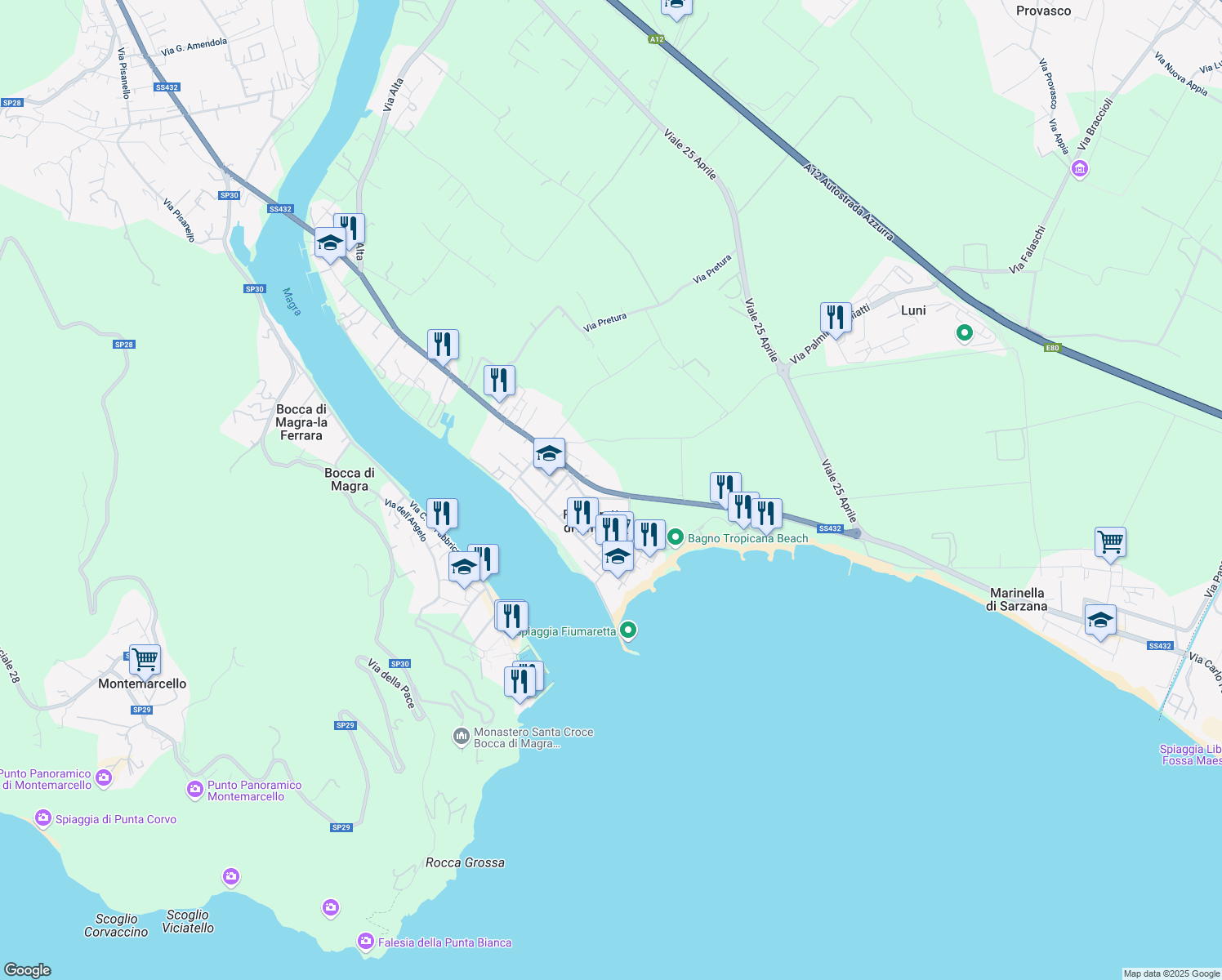 map of restaurants, bars, coffee shops, grocery stores, and more near 89 Via Litoranea in Fiumaretta di Ameglia