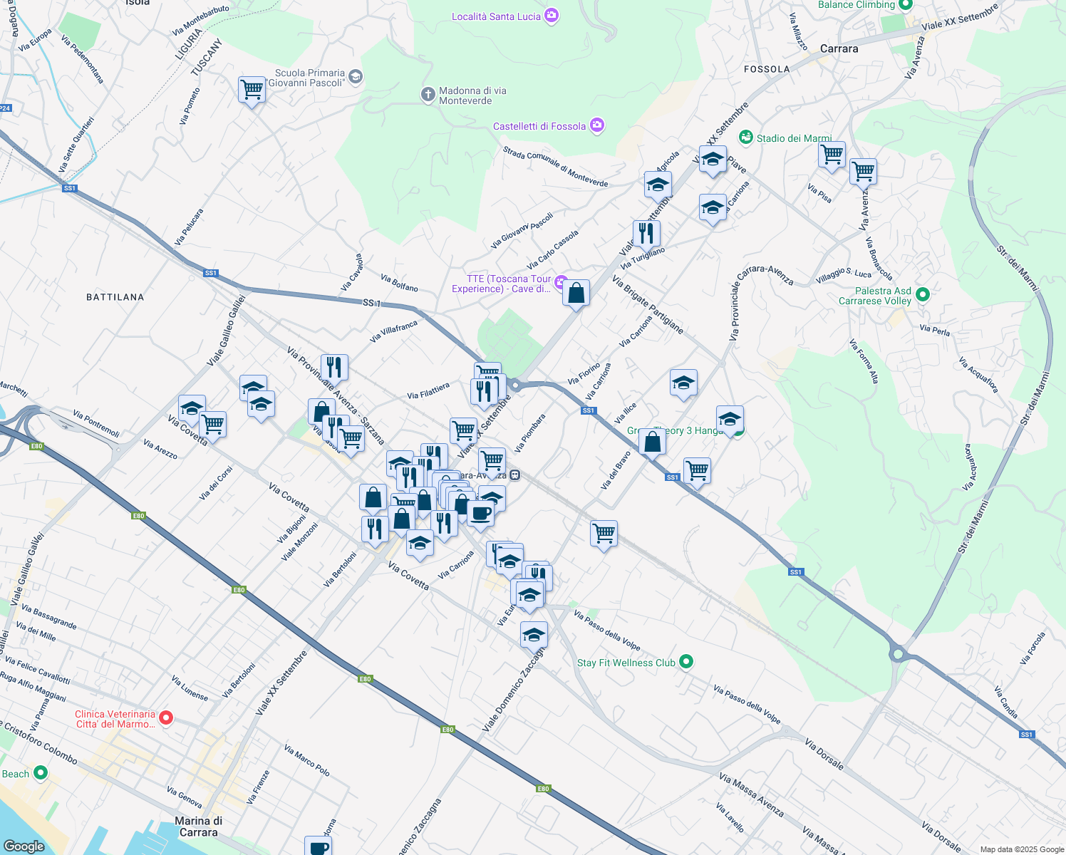 map of restaurants, bars, coffee shops, grocery stores, and more near 41 Via Piombara in Carrara
