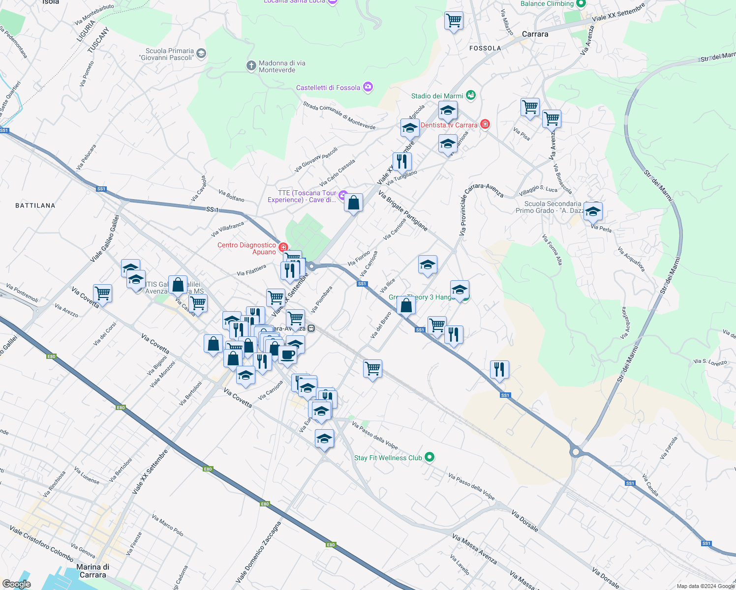map of restaurants, bars, coffee shops, grocery stores, and more near 11 Strada Statale 1 in Carrara