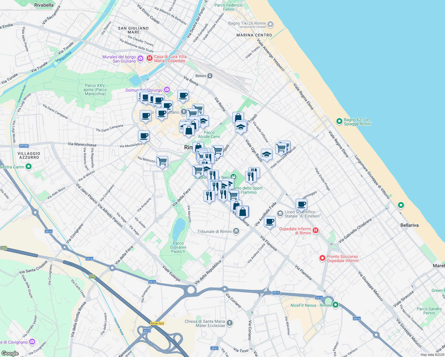 map of restaurants, bars, coffee shops, grocery stores, and more near 4 Piazzale del Popolo in Rimini