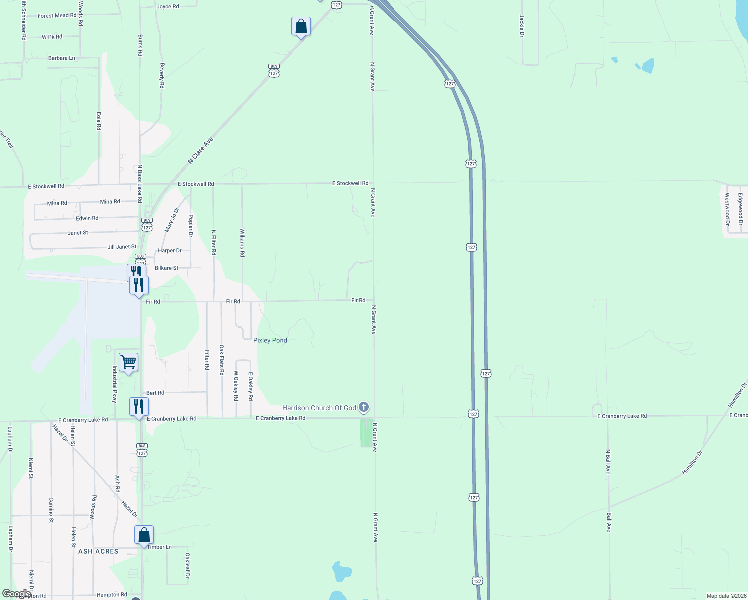 map of restaurants, bars, coffee shops, grocery stores, and more near 2999 East Fir Road in Harrison