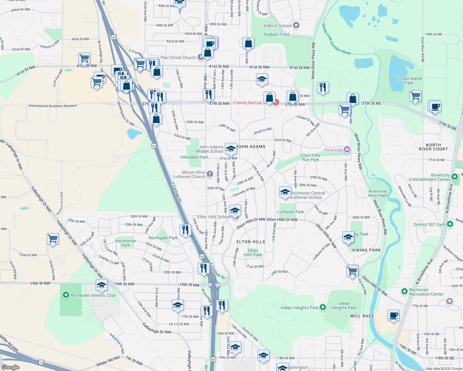 map of restaurants, bars, coffee shops, grocery stores, and more near 2824 15th Avenue Northwest in Rochester